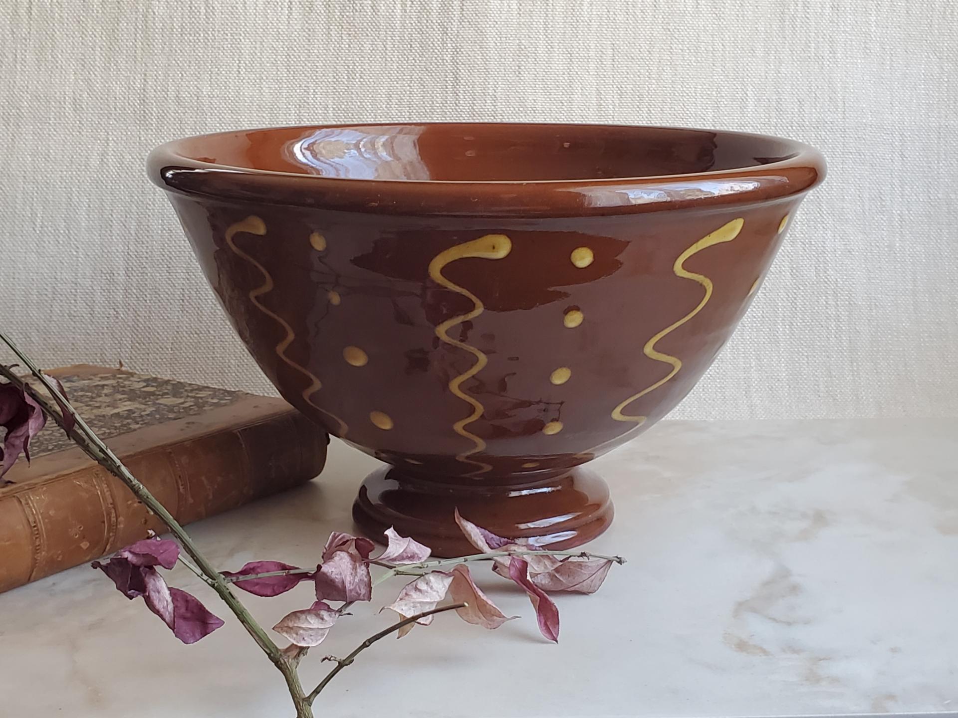 Redware Fruit Bowl with Squiggles & Dots Pattern