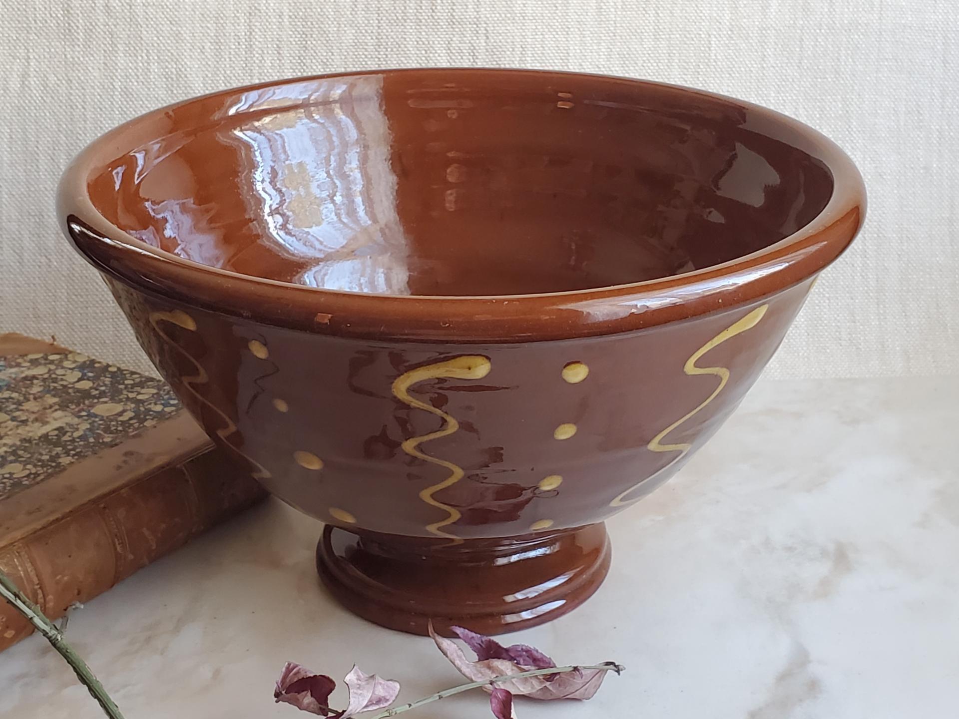 Redware Fruit Bowl with Squiggles & Dots Pattern