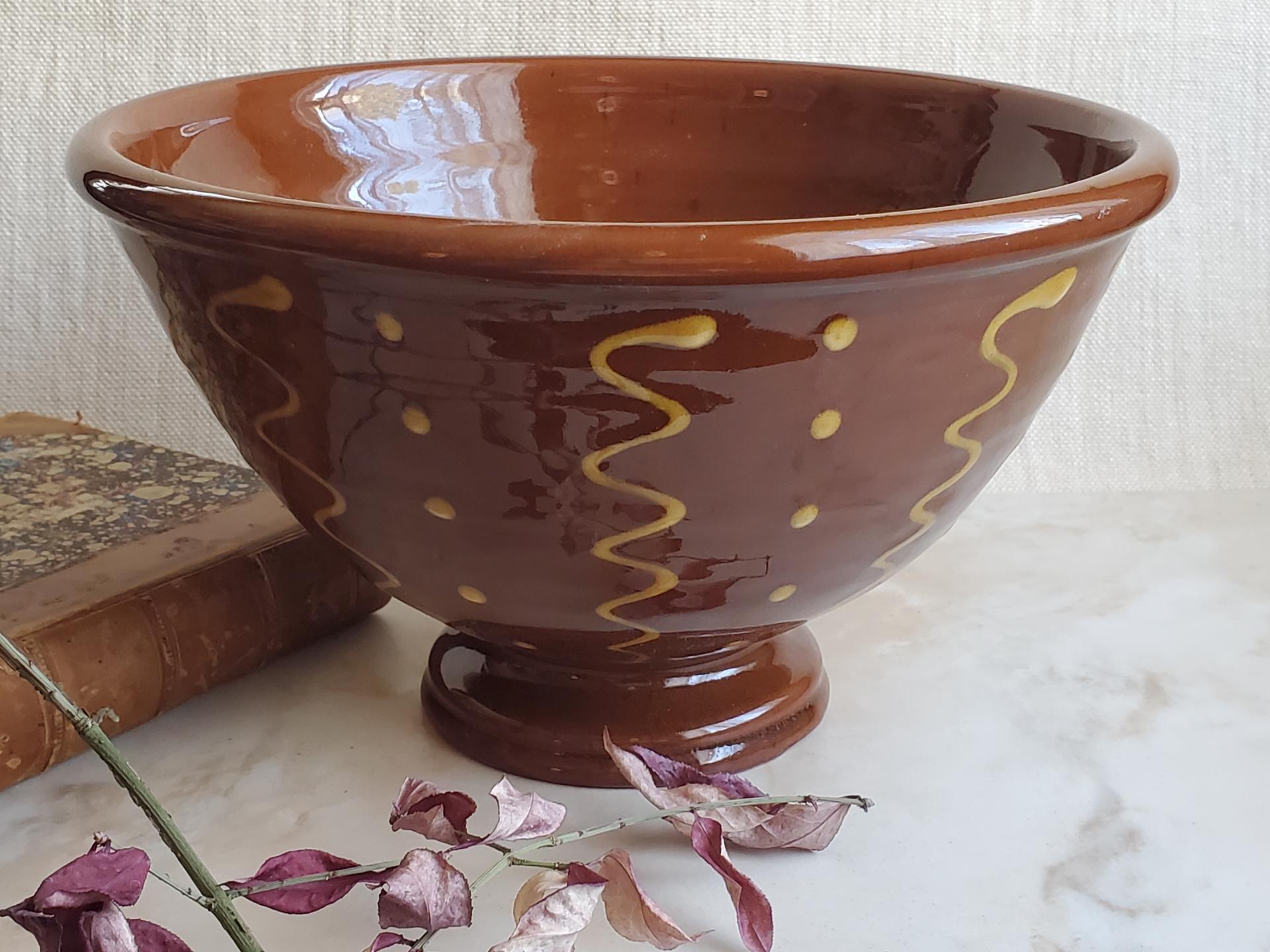 Redware Fruit Bowl with Squiggles & Dots Pattern