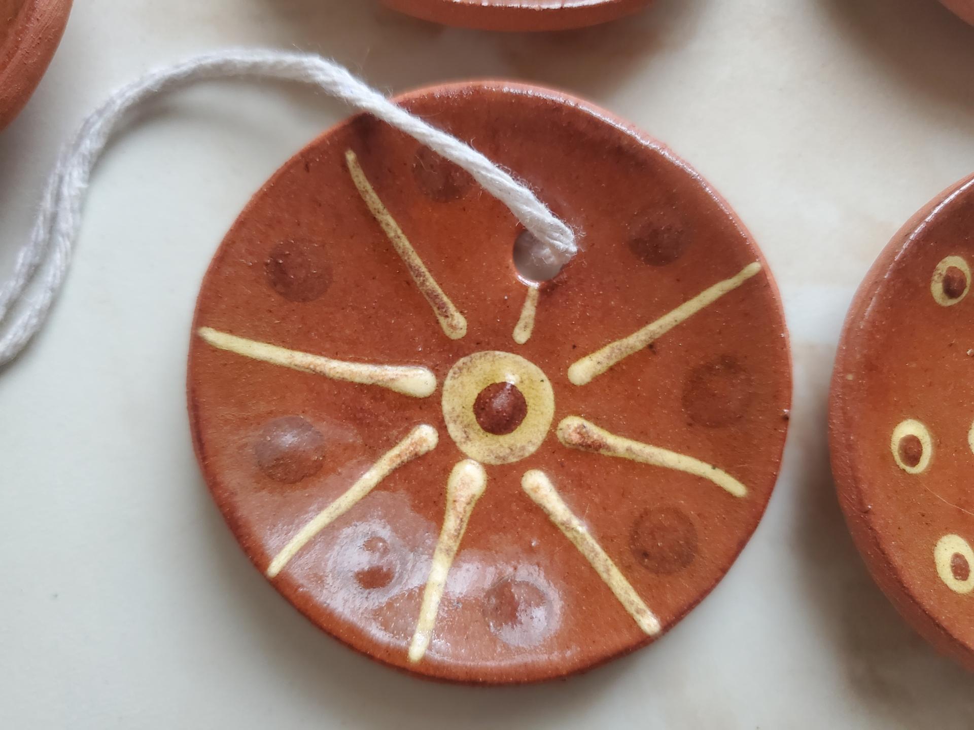 Redware Mini Plate Ornaments (4) with Slip Decoration