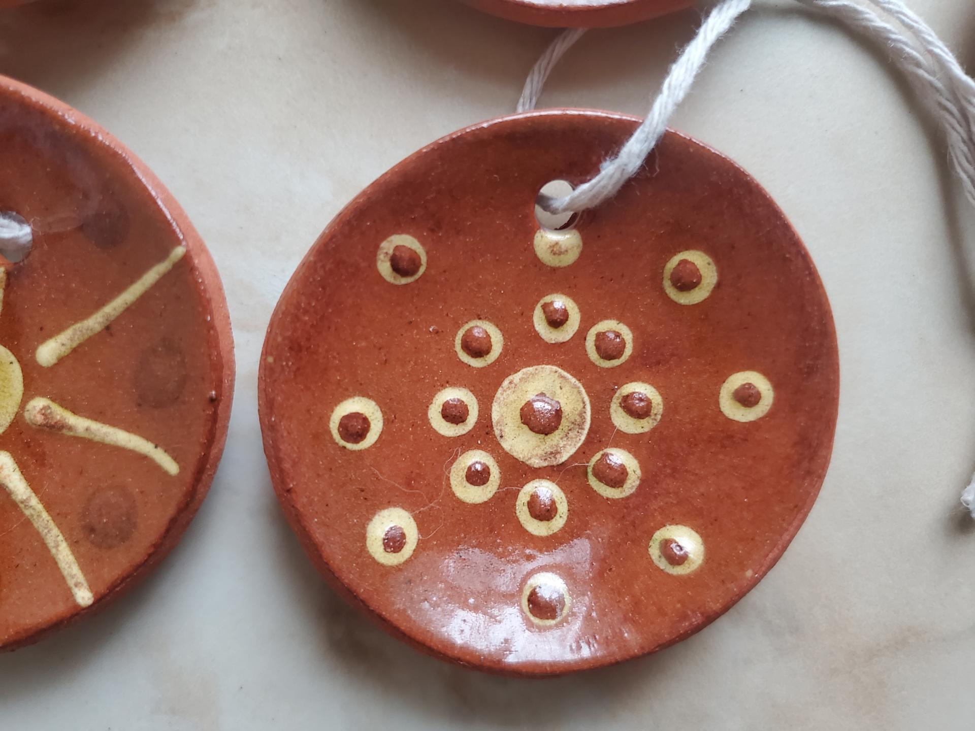 Redware Mini Plate Ornaments (4) with Slip Decoration