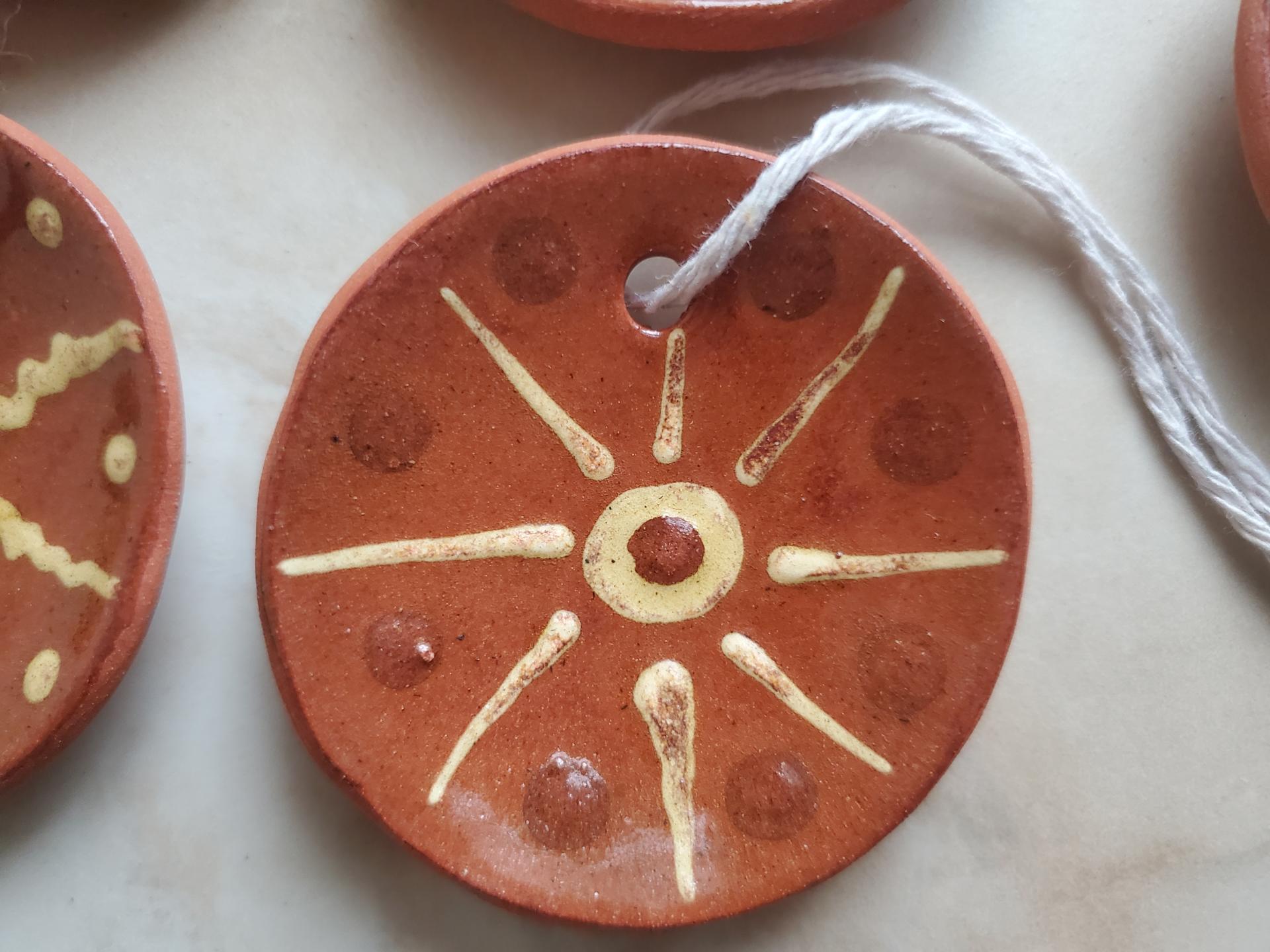 Redware Mini Plate Ornaments (4) with Slip Decoration