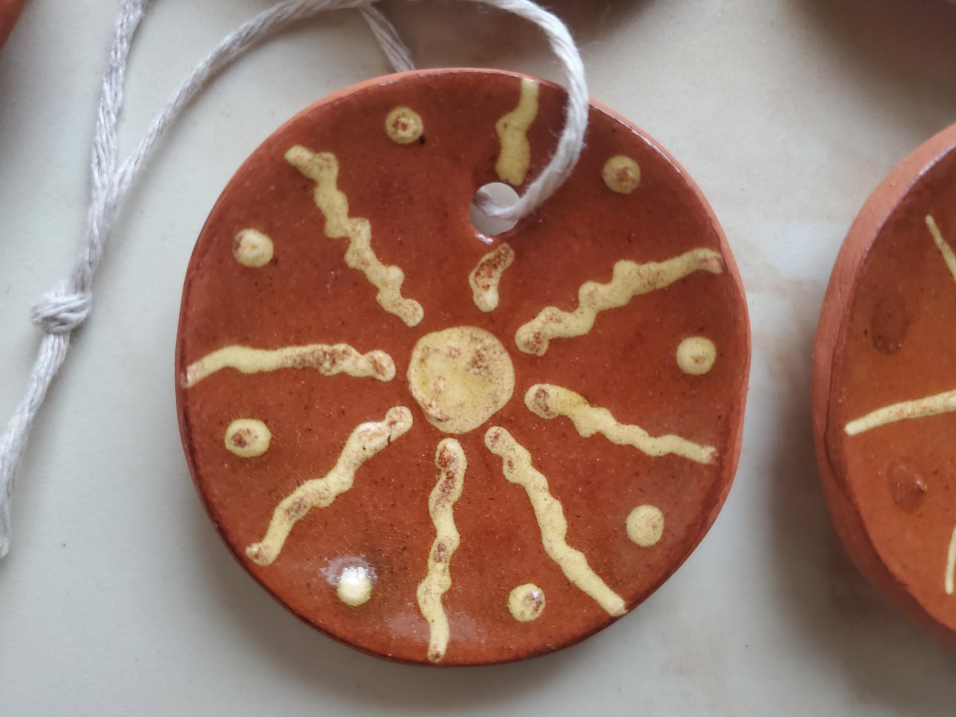 Redware Mini Plate Ornaments (4) with Slip Decoration