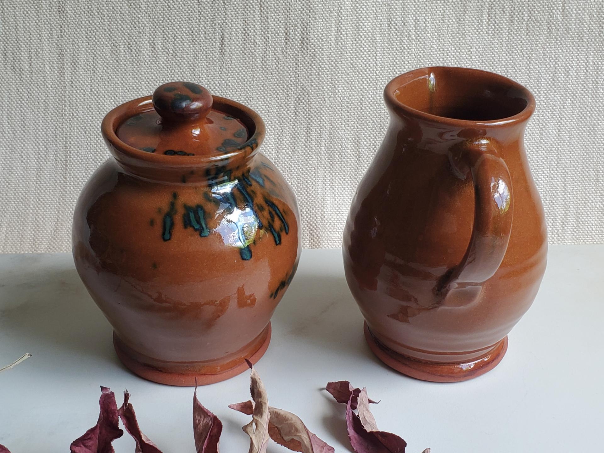 Redware Sugar and Creamer Set with Spangles and Lead Free Glaze (b)