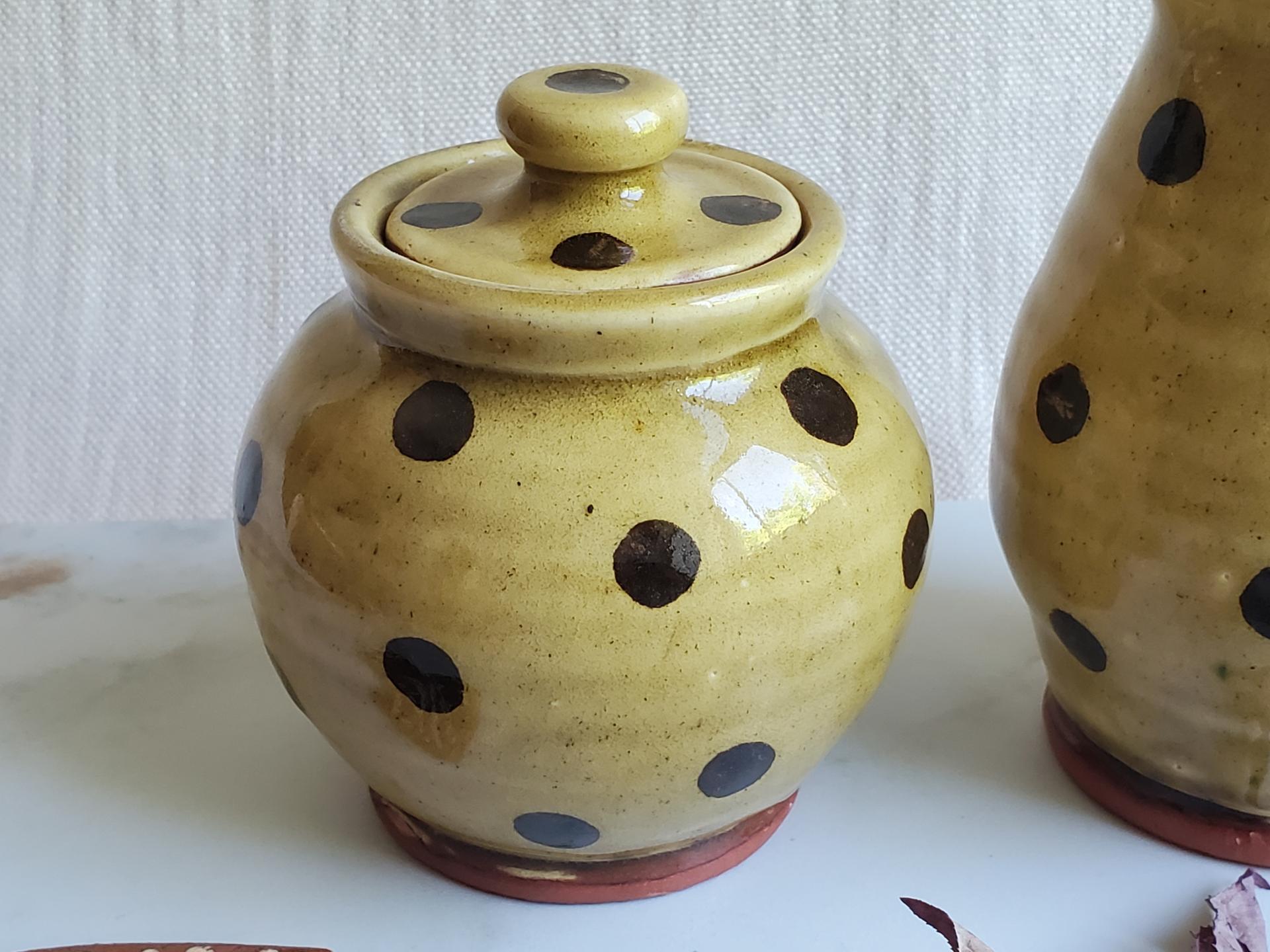 Redware Sugar and Creamer Set with Black Dots and Lead Free Glaze