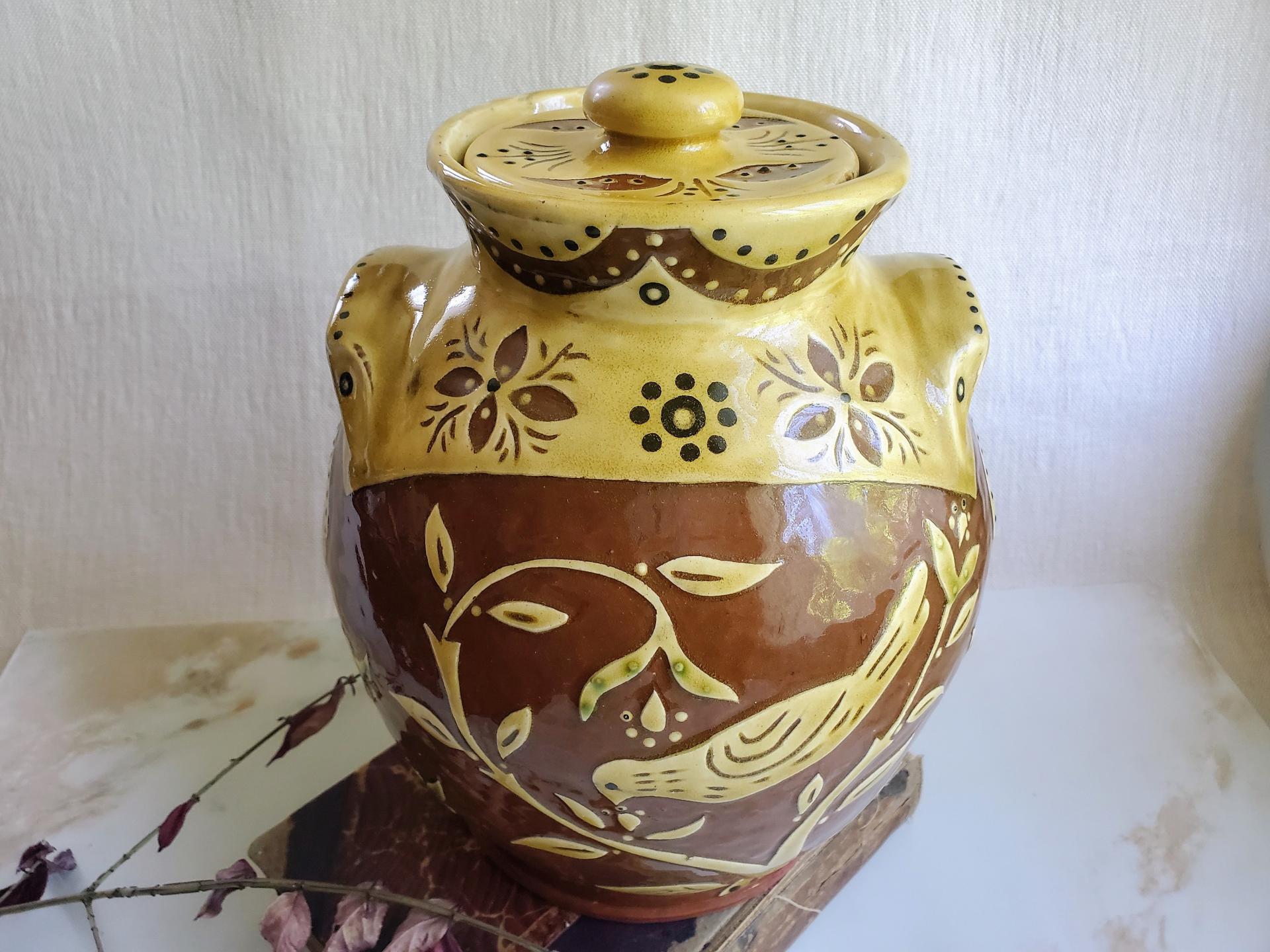 Sgraffito Redware One-of-a-Kind Jar with Traditional Pattern and Lead Free Glaze