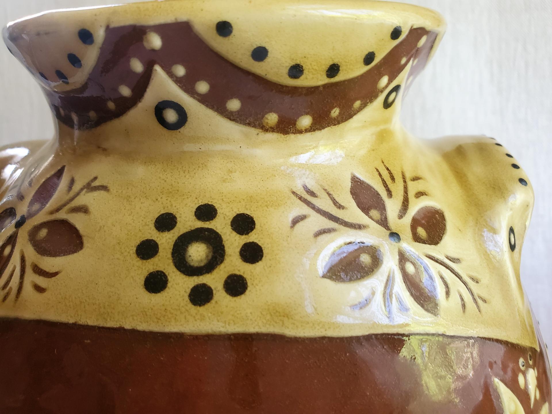 Sgraffito Redware One-of-a-Kind Jar with Traditional Pattern and Lead Free Glaze