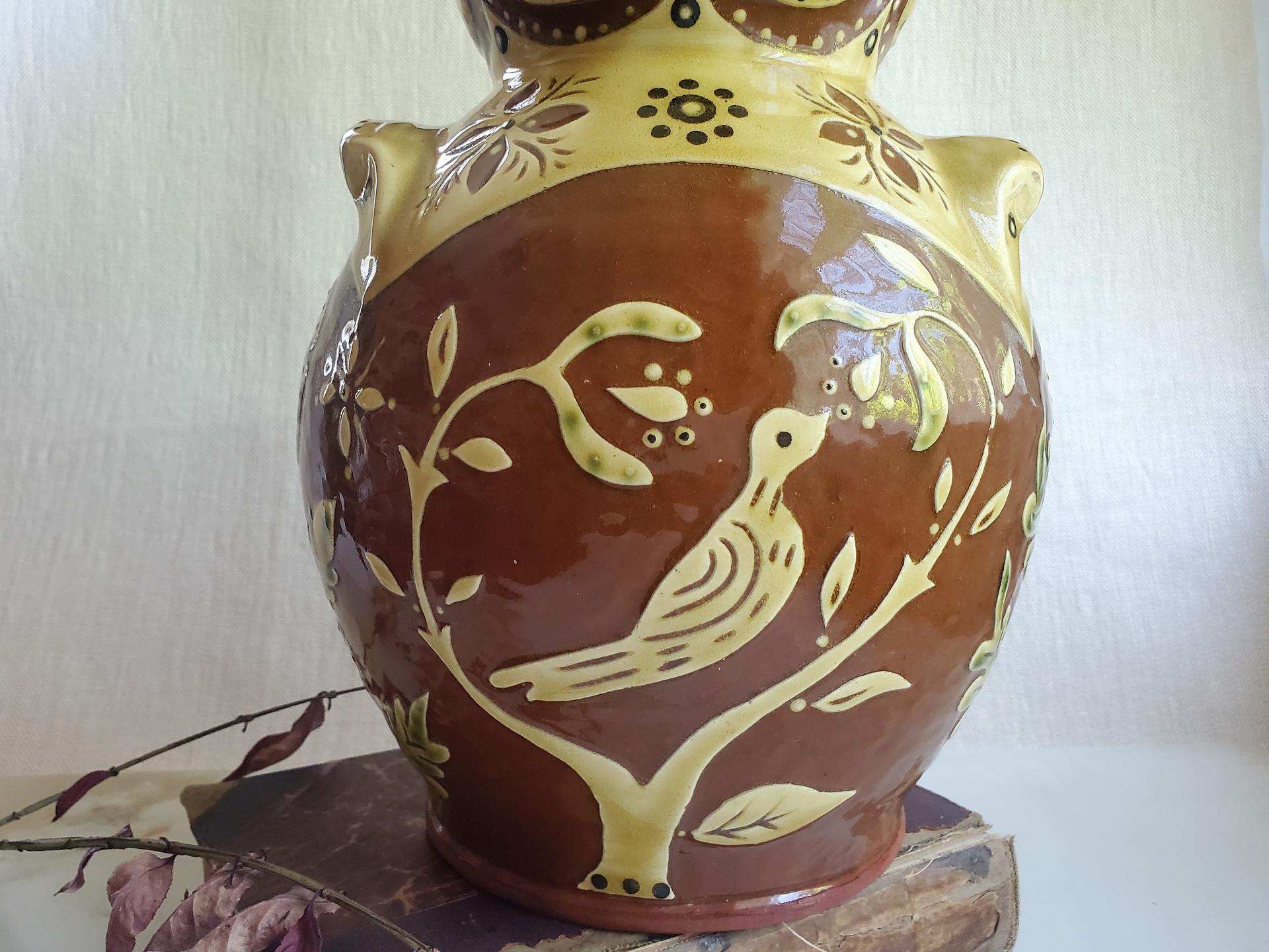 Sgraffito Redware One-of-a-Kind Jar with Traditional Pattern and Lead Free Glaze