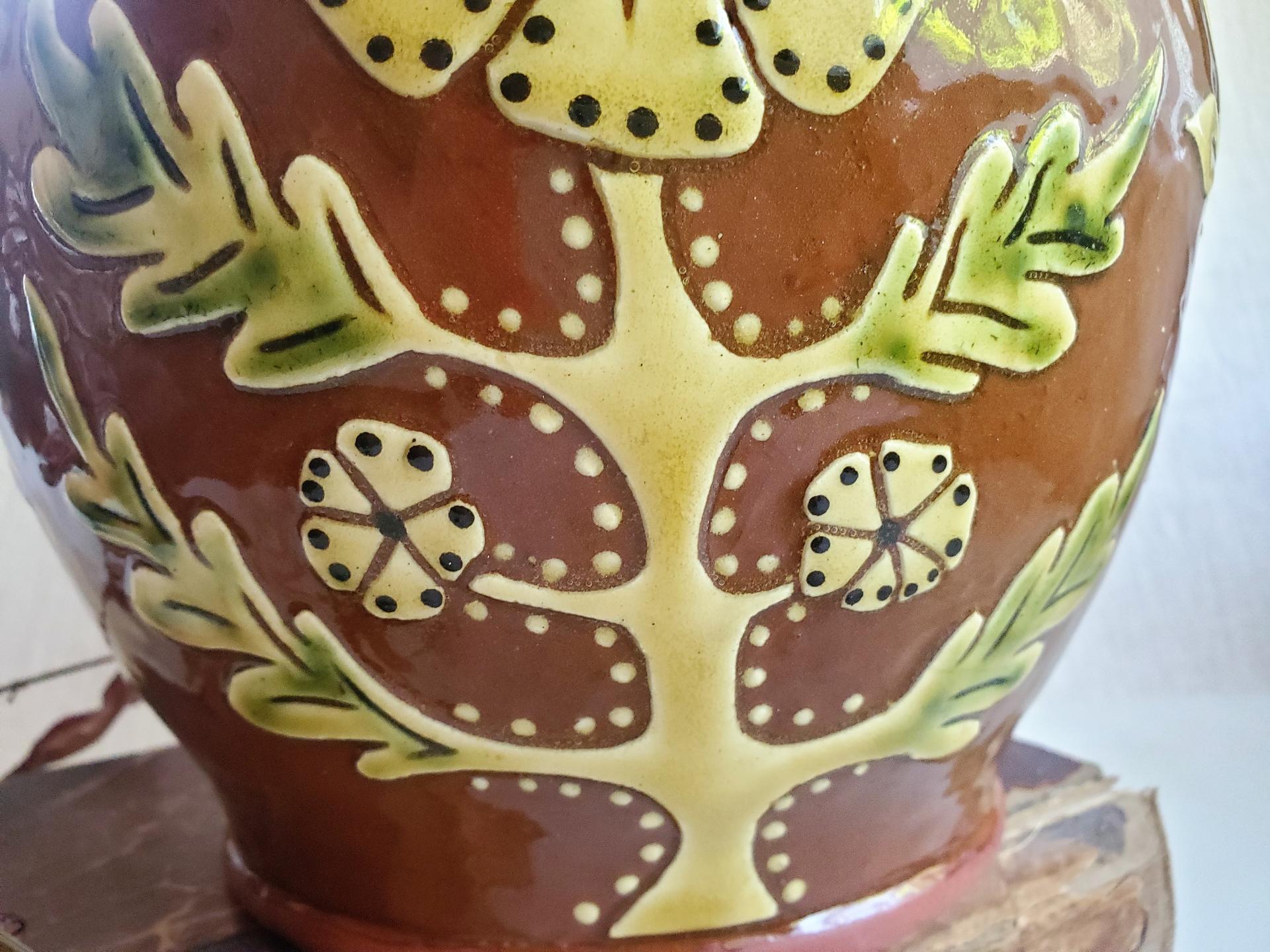 Sgraffito Redware One-of-a-Kind Jar with Traditional Pattern and Lead Free Glaze