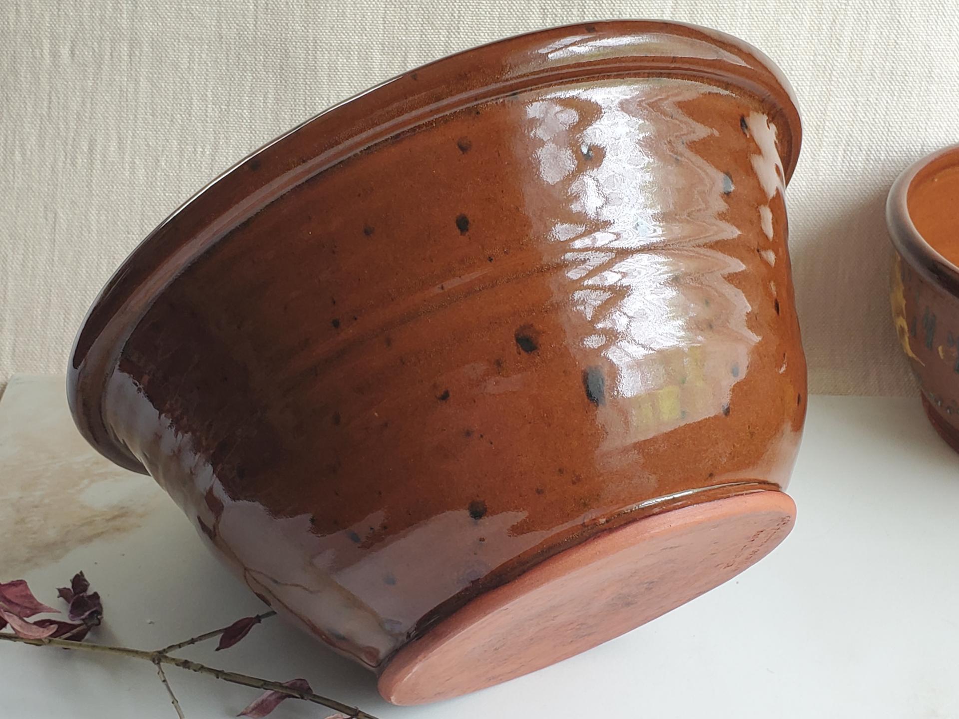 Redware 10 in Bowl with Black Dapples