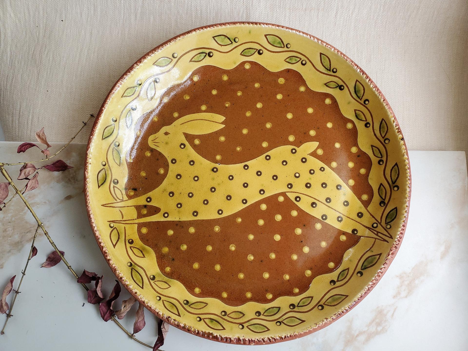 Redware Large Platter, Leaping Hare Motif, Kulina Folk Art