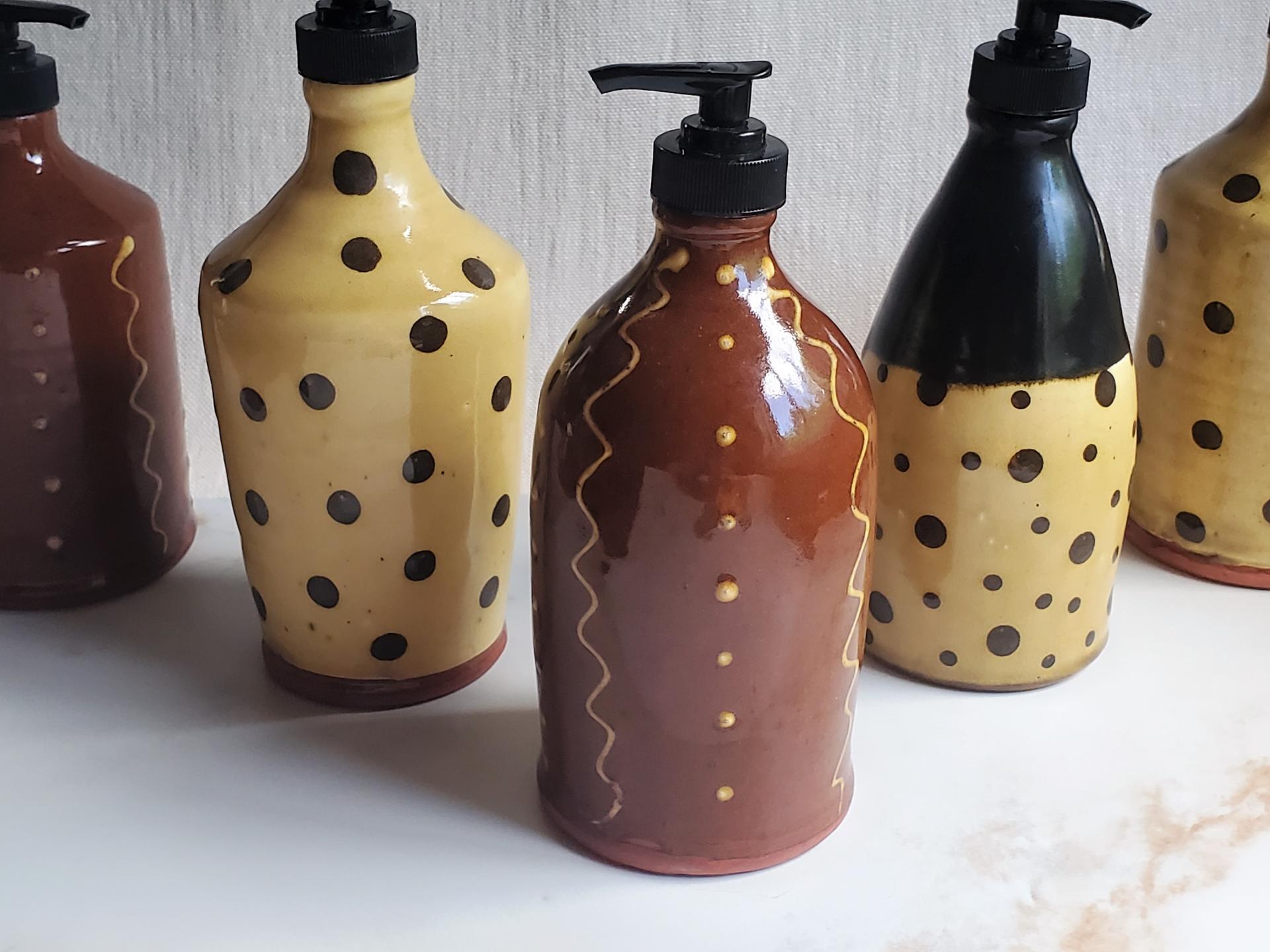 Redware Soap/Lotion Dispenser Bottle with Squiggles & Dots Decoration (b)