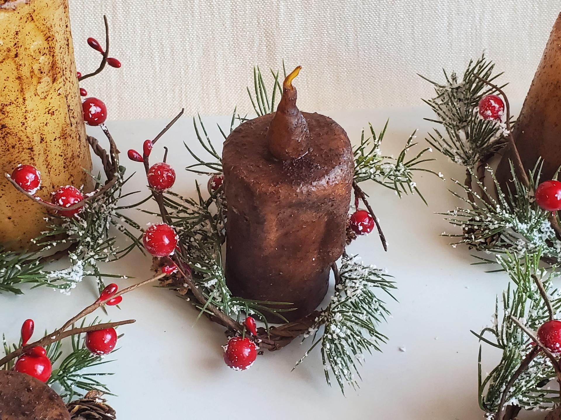 Burnt Mustard Dripped Flicker Pillar BOC - Snowy Pine and Red Berries Candle Ring