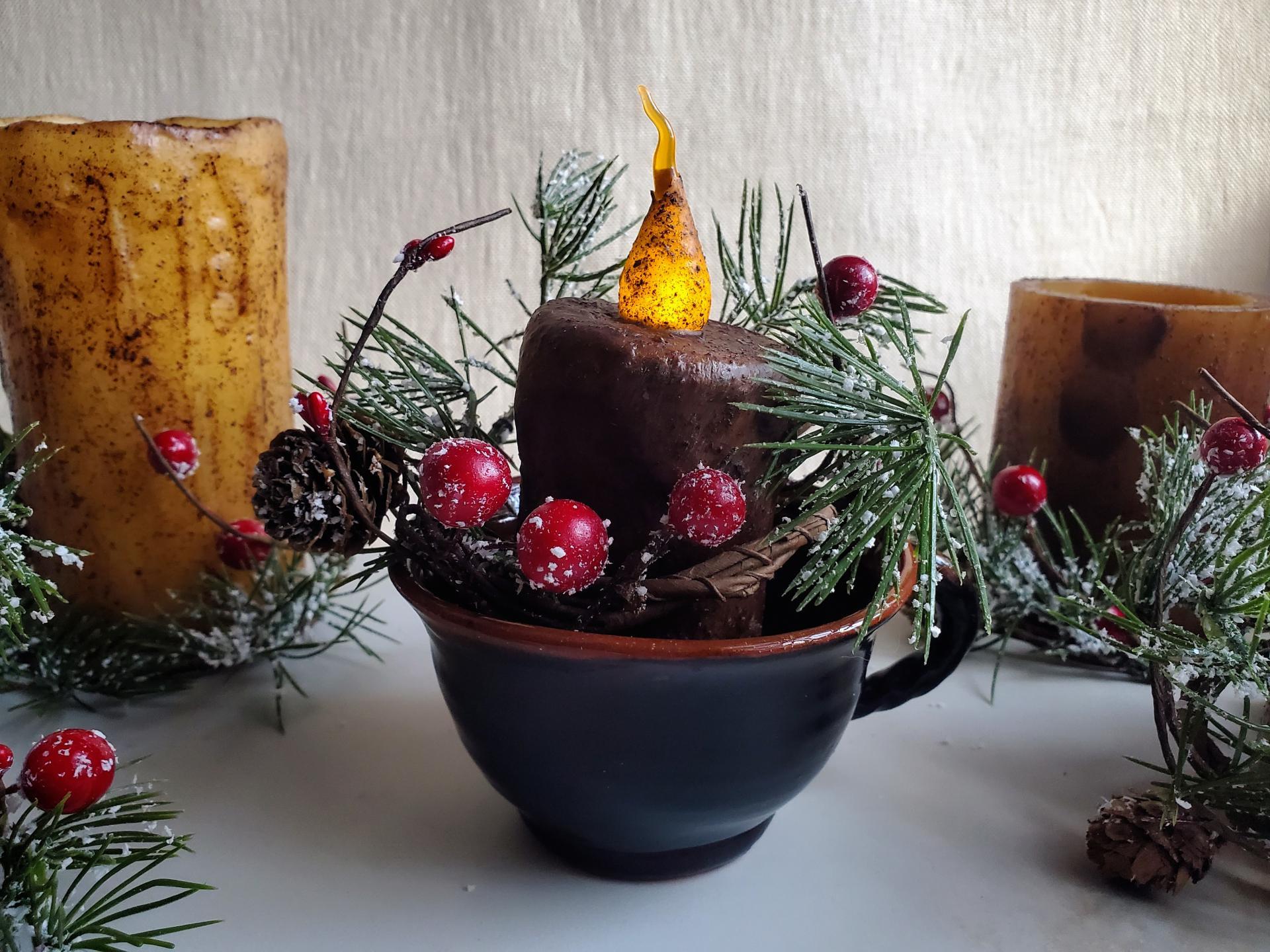 Burnt Mustard Dripped Flicker Pillar BOC - Snowy Pine & Red Berries Ring - Redware Cup