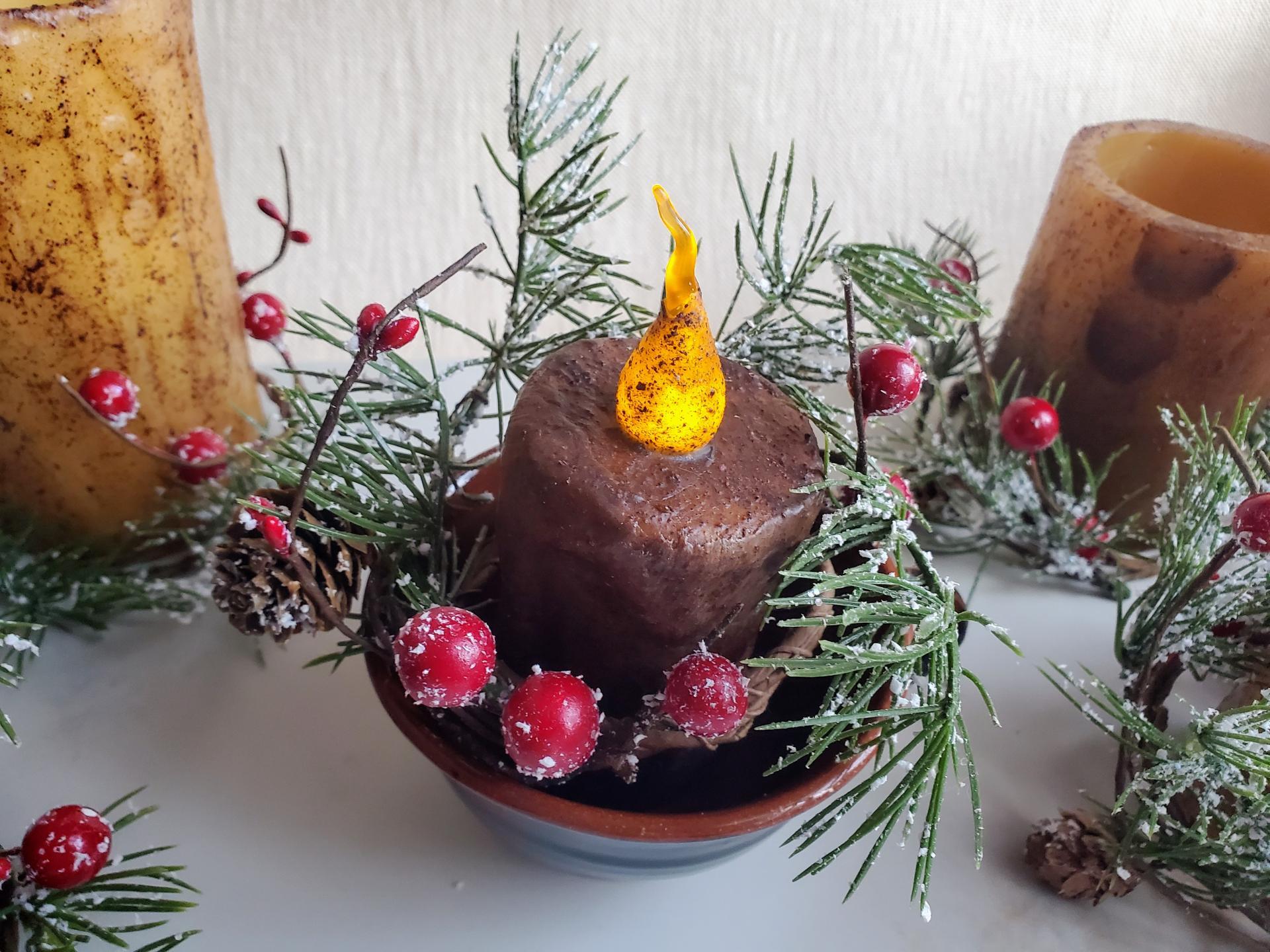 Burnt Mustard Dripped Flicker Pillar BOC - Snowy Pine & Red Berries Ring - Redware Cup