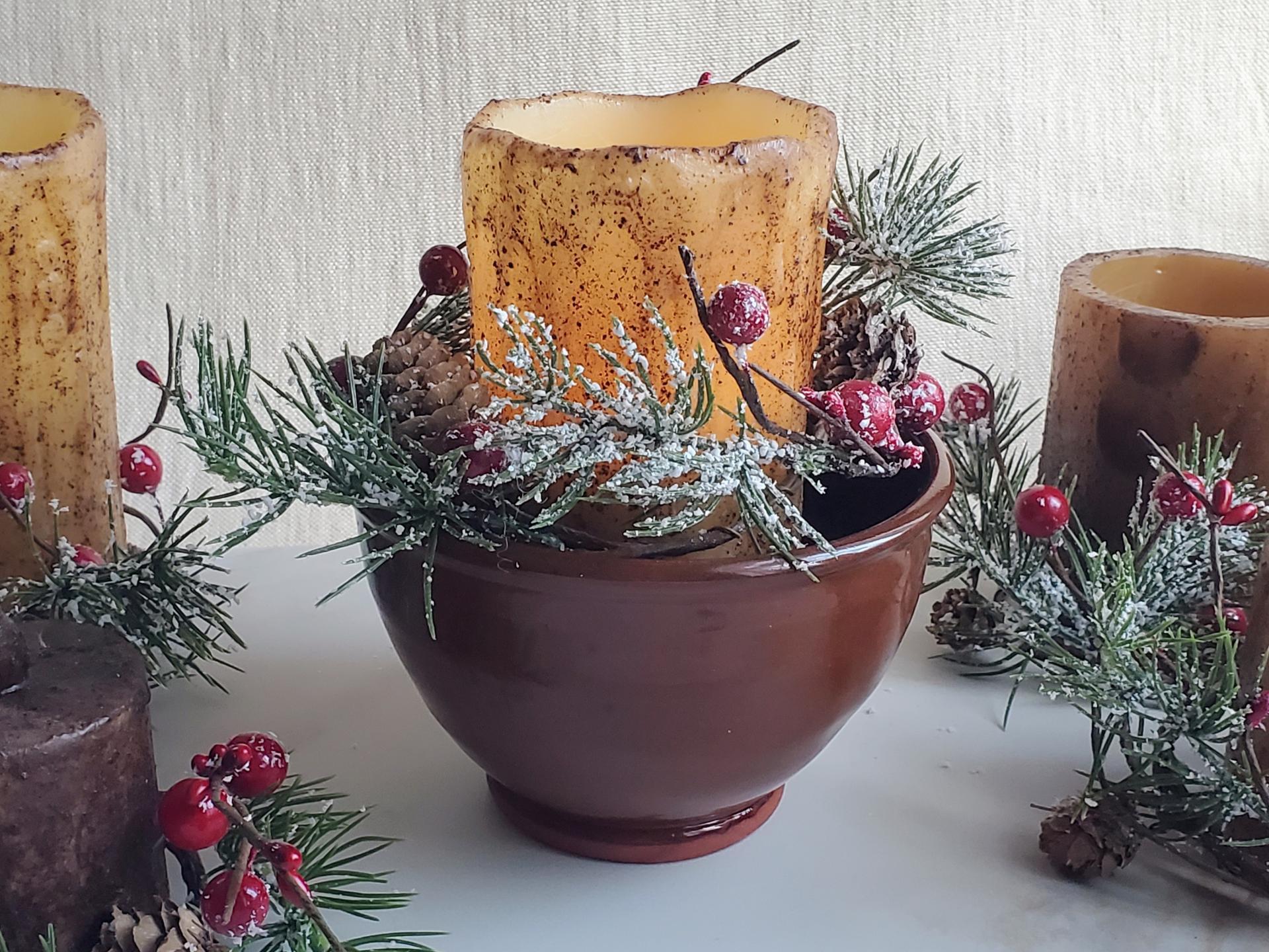 Burnt Ivory Pillar BOC, Snowy Pine & Red Berries Ring in Redware 6 in Bowl, Feather Motif