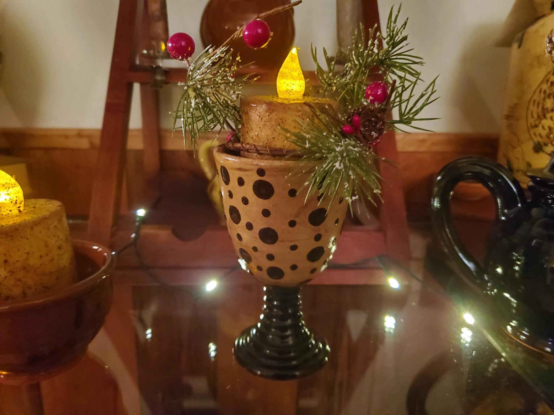 Redware Footed Goblet, Burnt Ivory BOC Pillar, Snowy Pine & Red Berries Ring