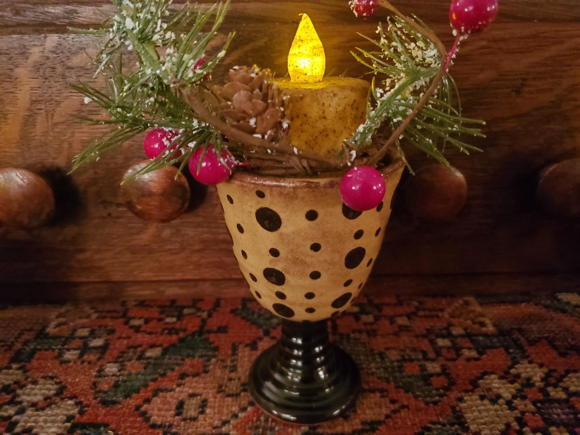 Redware Footed Goblet, Burnt Ivory BOC Pillar, Snowy Pine & Red Berries Ring