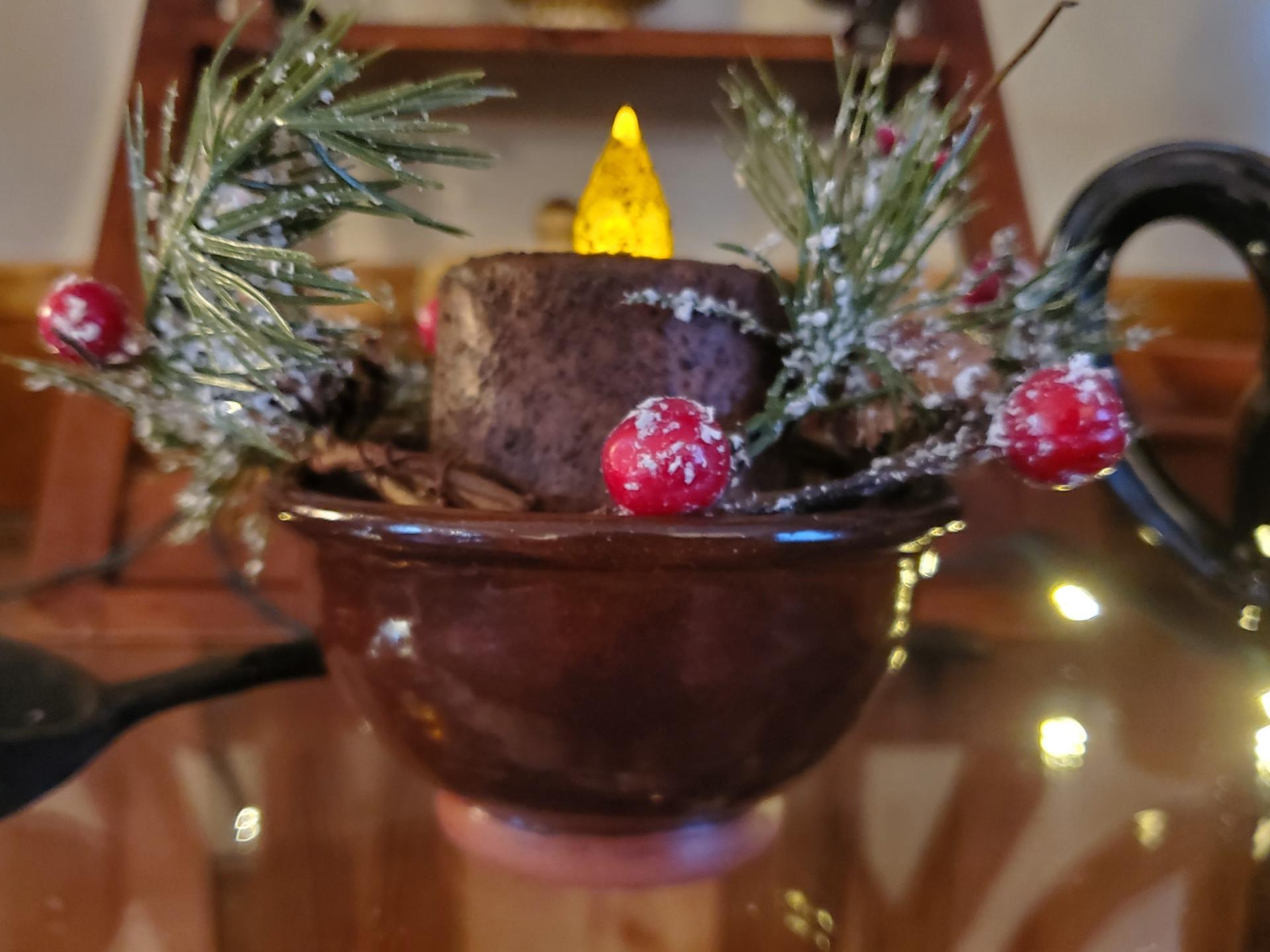 Redware Bowl Feather Motif - Burnt Mustard BOC Pillar - Red Berries Candle Ring