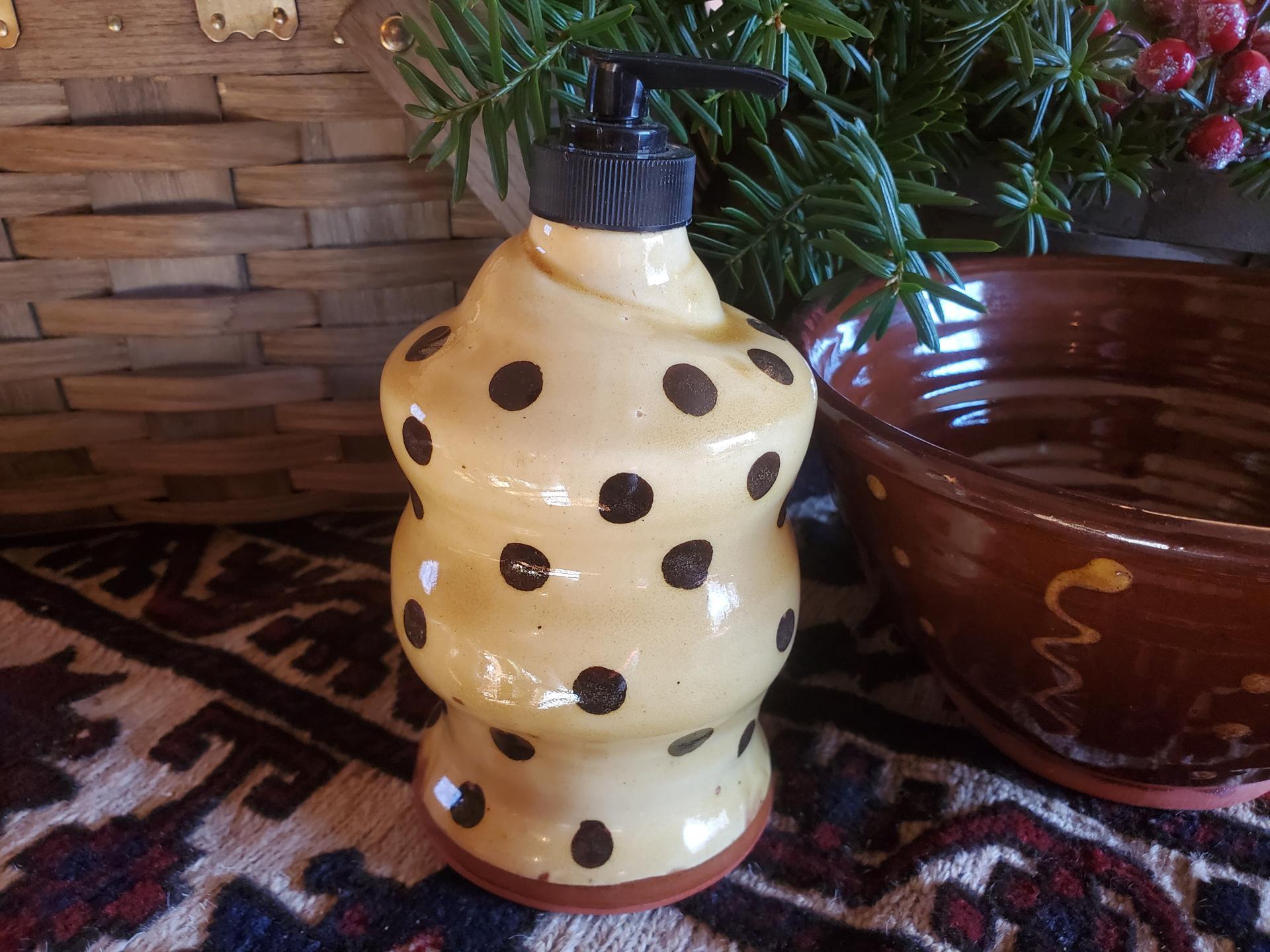 Redware Soap or Lotion Dispenser Bottle with Black Dots