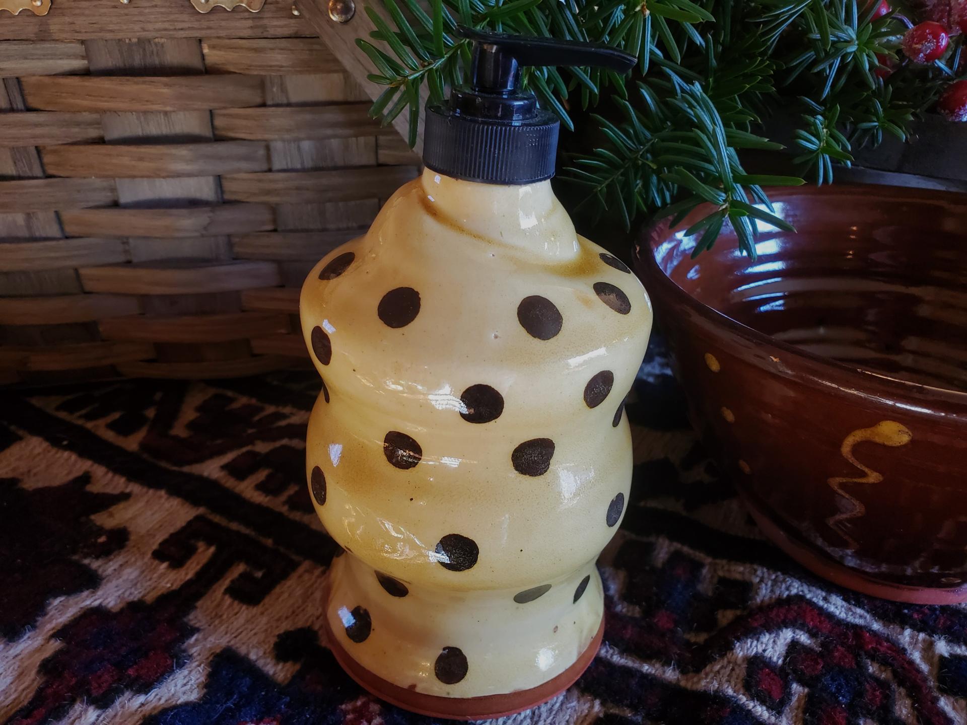 Redware Soap or Lotion Dispenser Bottle with Black Dots