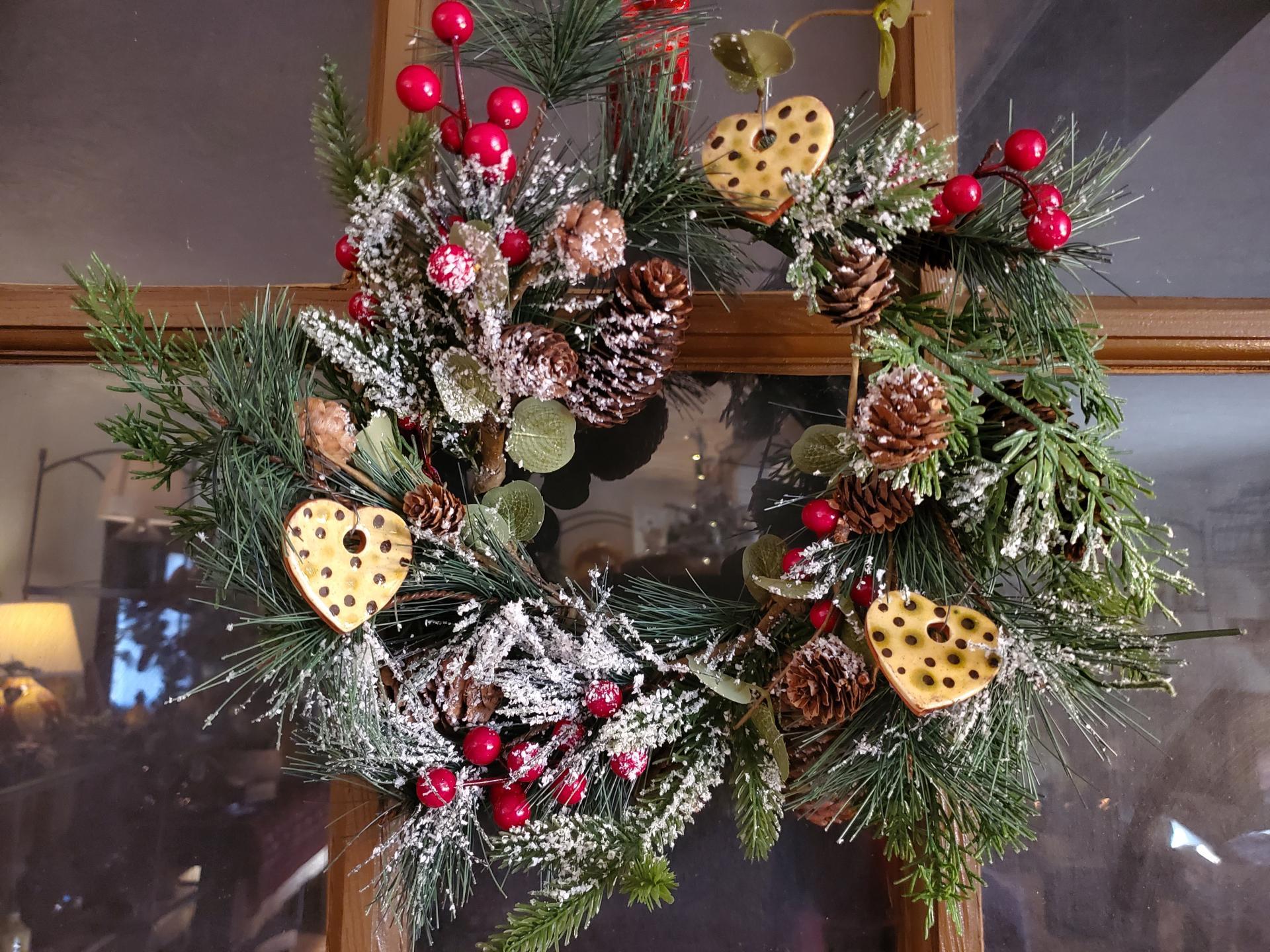 Mini Redware Heart Ornaments - Snowy Pine Wreath with Red Berries