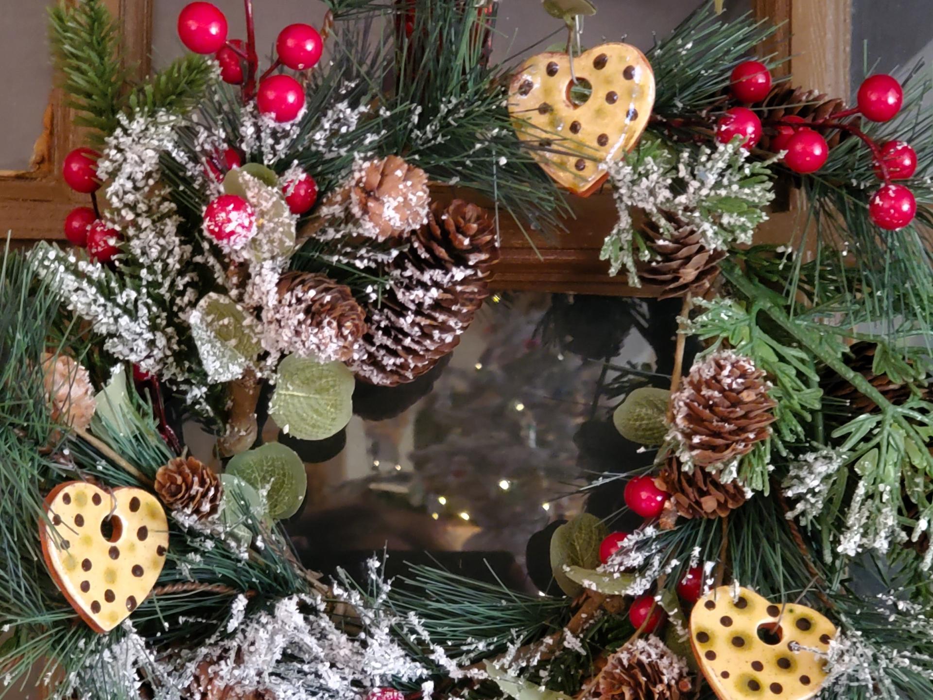 Mini Redware Heart Ornaments - Snowy Pine Wreath with Red Berries