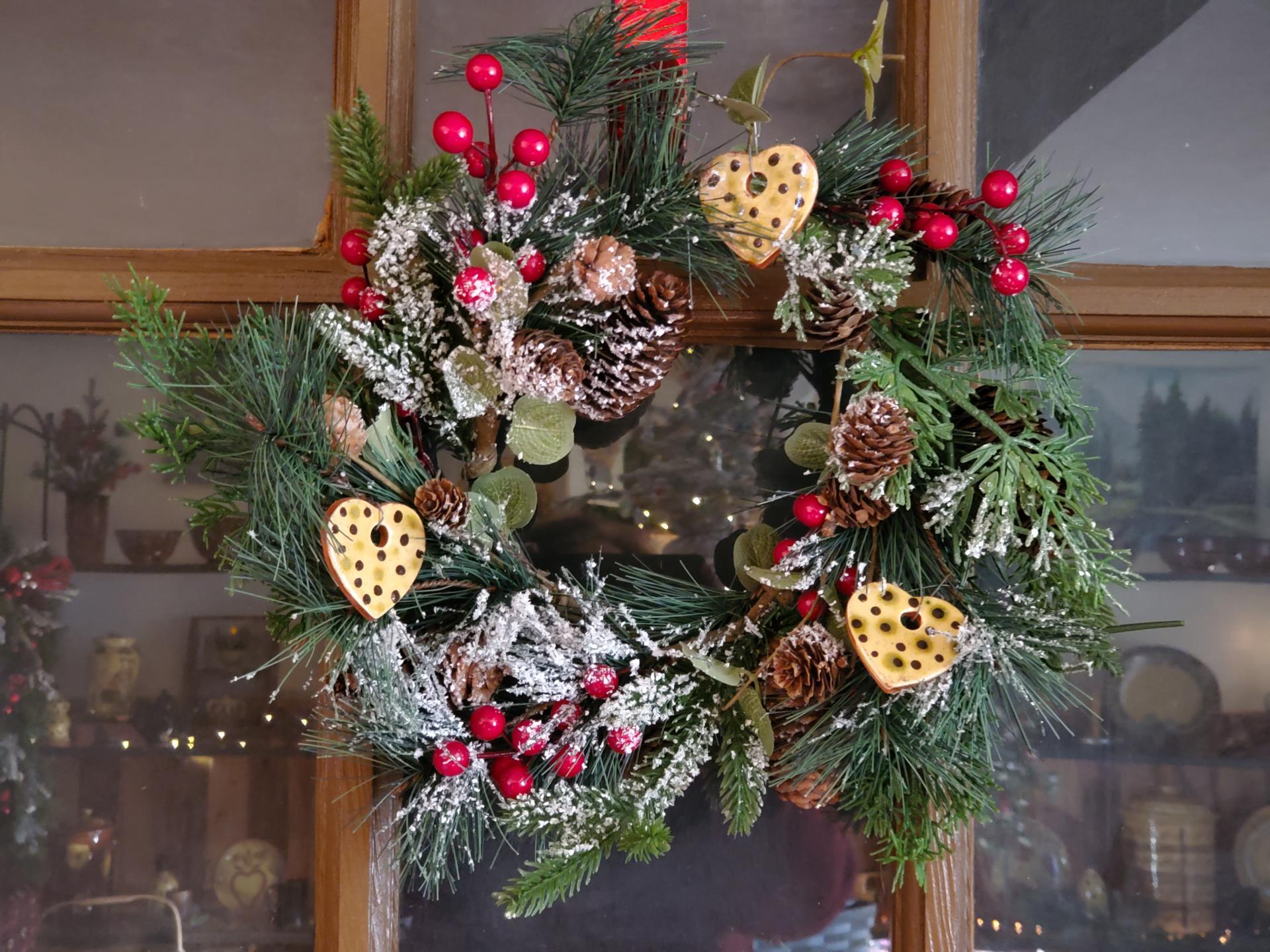 Mini Redware Heart Ornaments - Snowy Pine Wreath with Red Berries