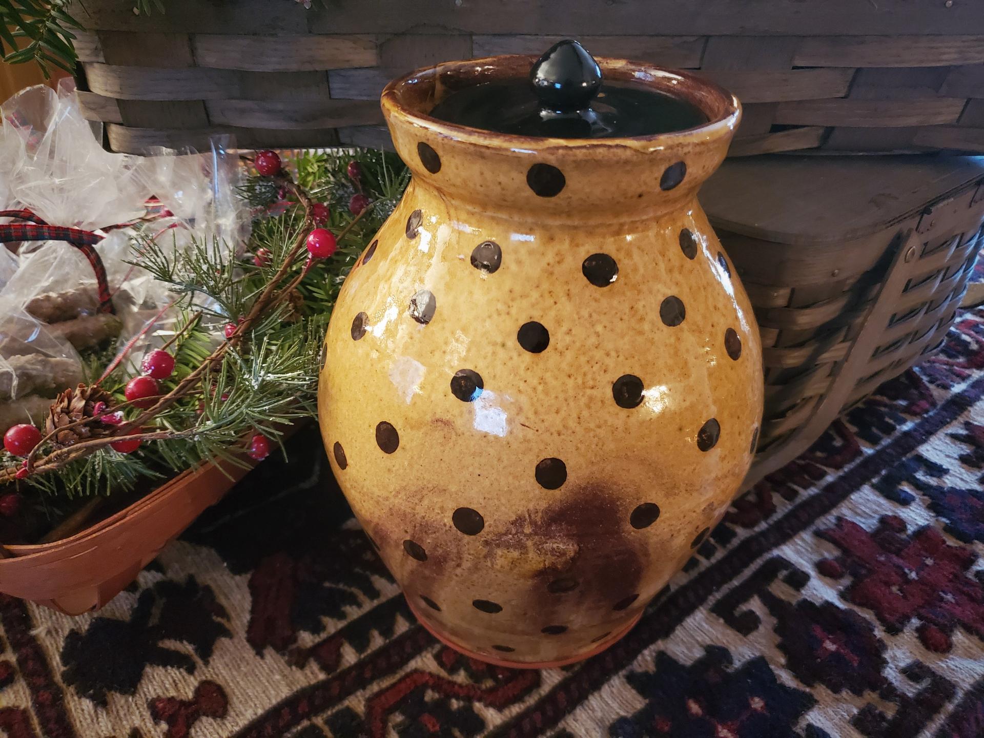 Large Redware 11.50 in Redware Jar with Black Polka Dot Decoration