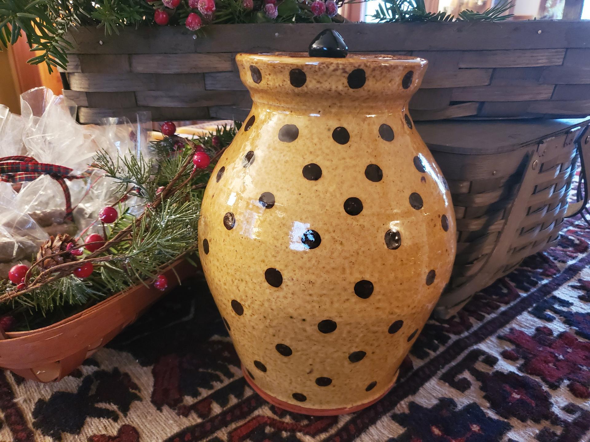 Large Redware 11.50 in Redware Jar with Black Polka Dot Decoration
