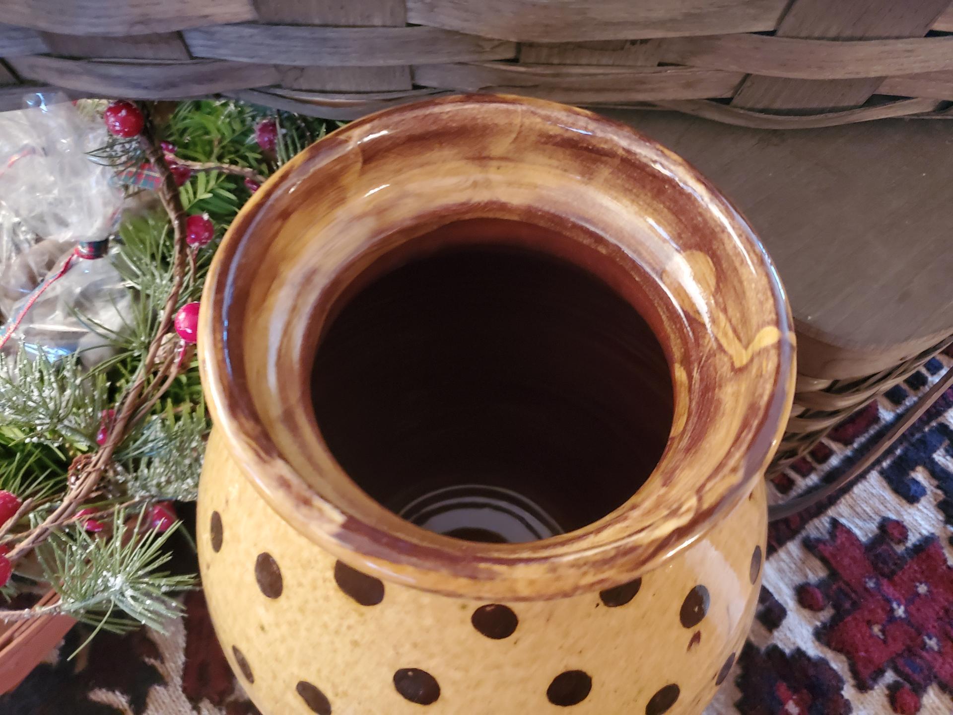 Large Redware 11.50 in Redware Jar with Black Polka Dot Decoration