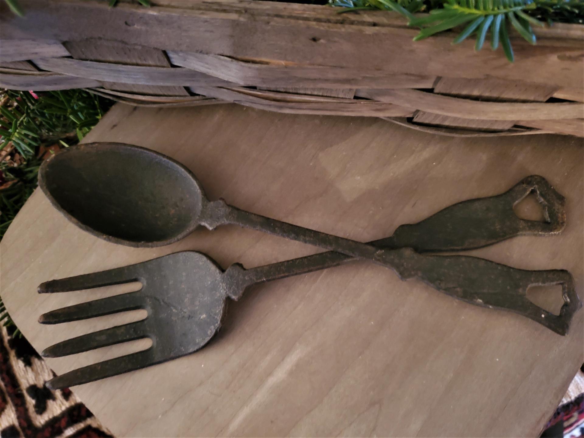 Pair of Rustic Farmhouse Cast Iron Serving Spoon & Fork