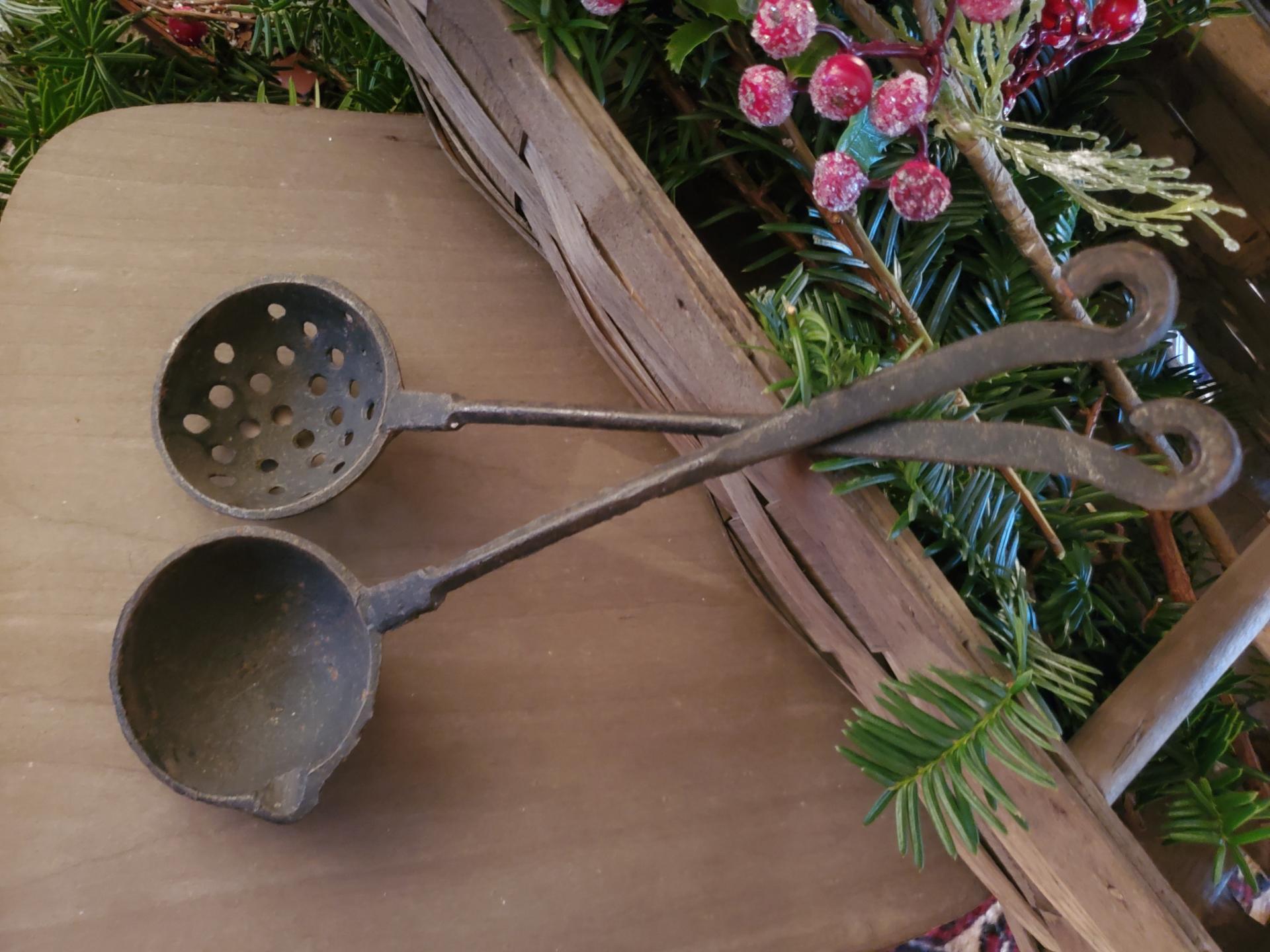 Pair of Rustic Farmhouse Cast Iron Ladle & Sieve