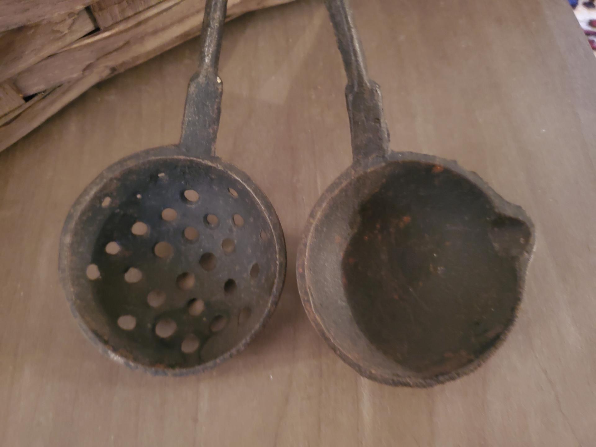 Pair of Rustic Farmhouse Cast Iron Ladle & Sieve