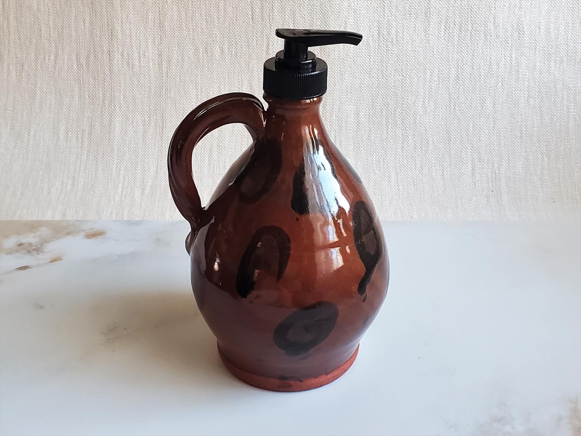 Redware Soap/Lotion Dispenser with Black Dapples