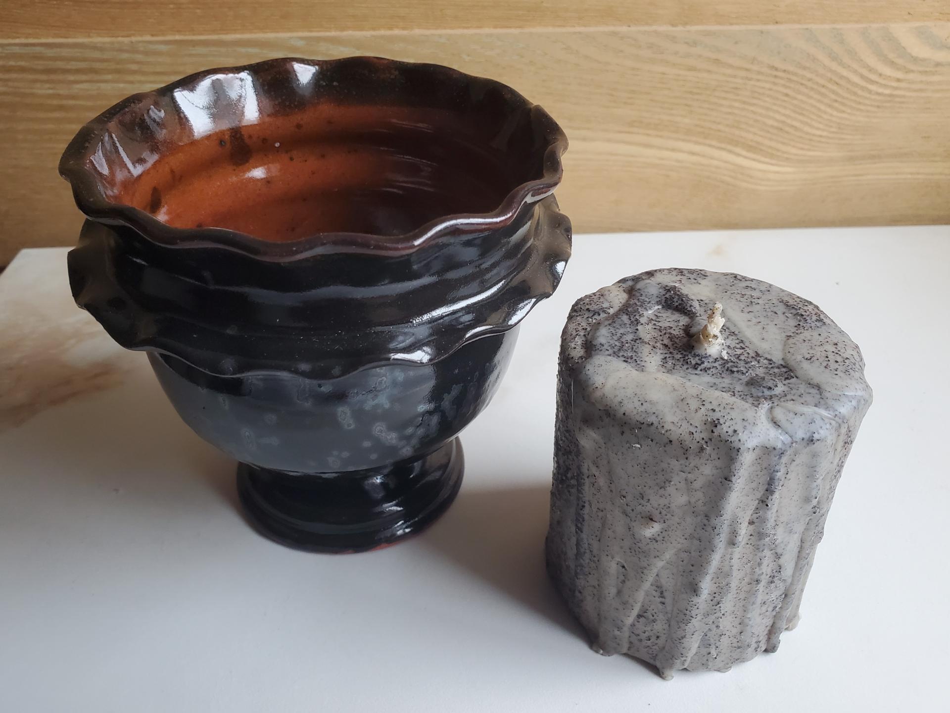 Redware Fluted Rim Bowl, Vintage Candle Holder and Primitive Candle