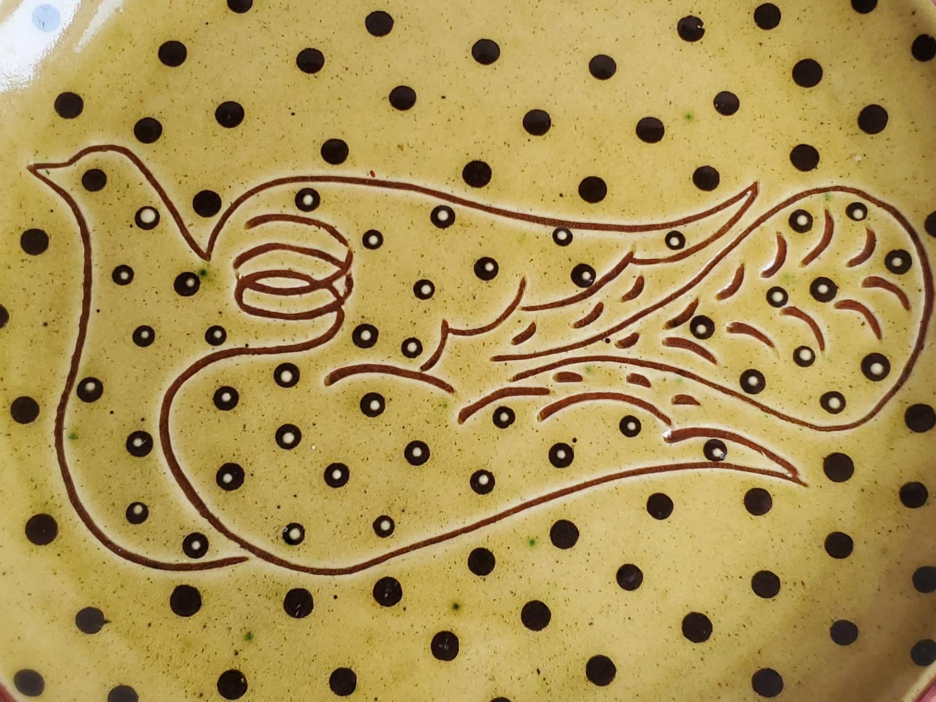 Redware 9 in Plate with Dove Sgraffito Motif