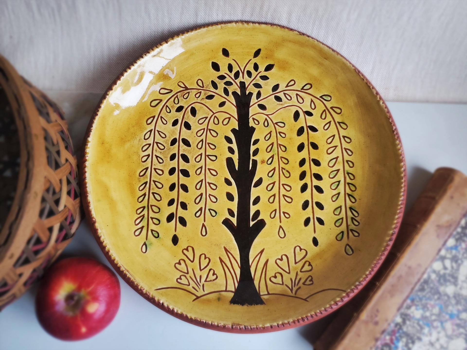Redware 11 in Plate with Tree of Life with Flowers Sgraffito Motif