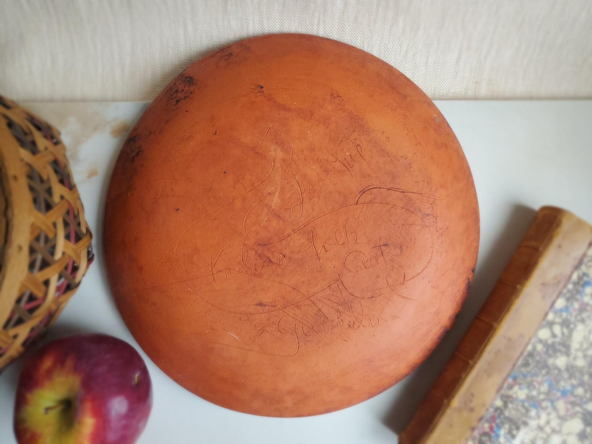 Redware 11 in Plate with Black and White Dots Pattern