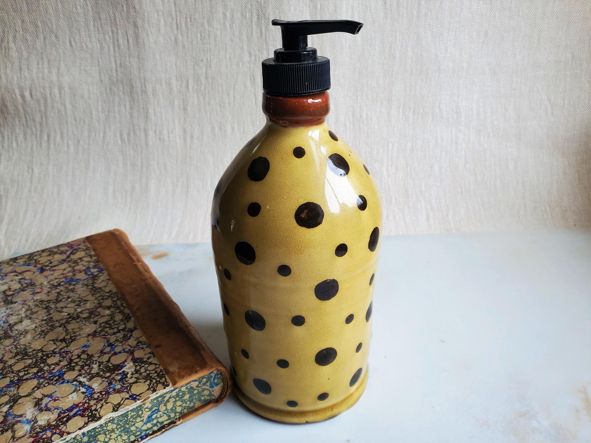 Redware Soap or Lotion Dispenser Bottle with Black Dots