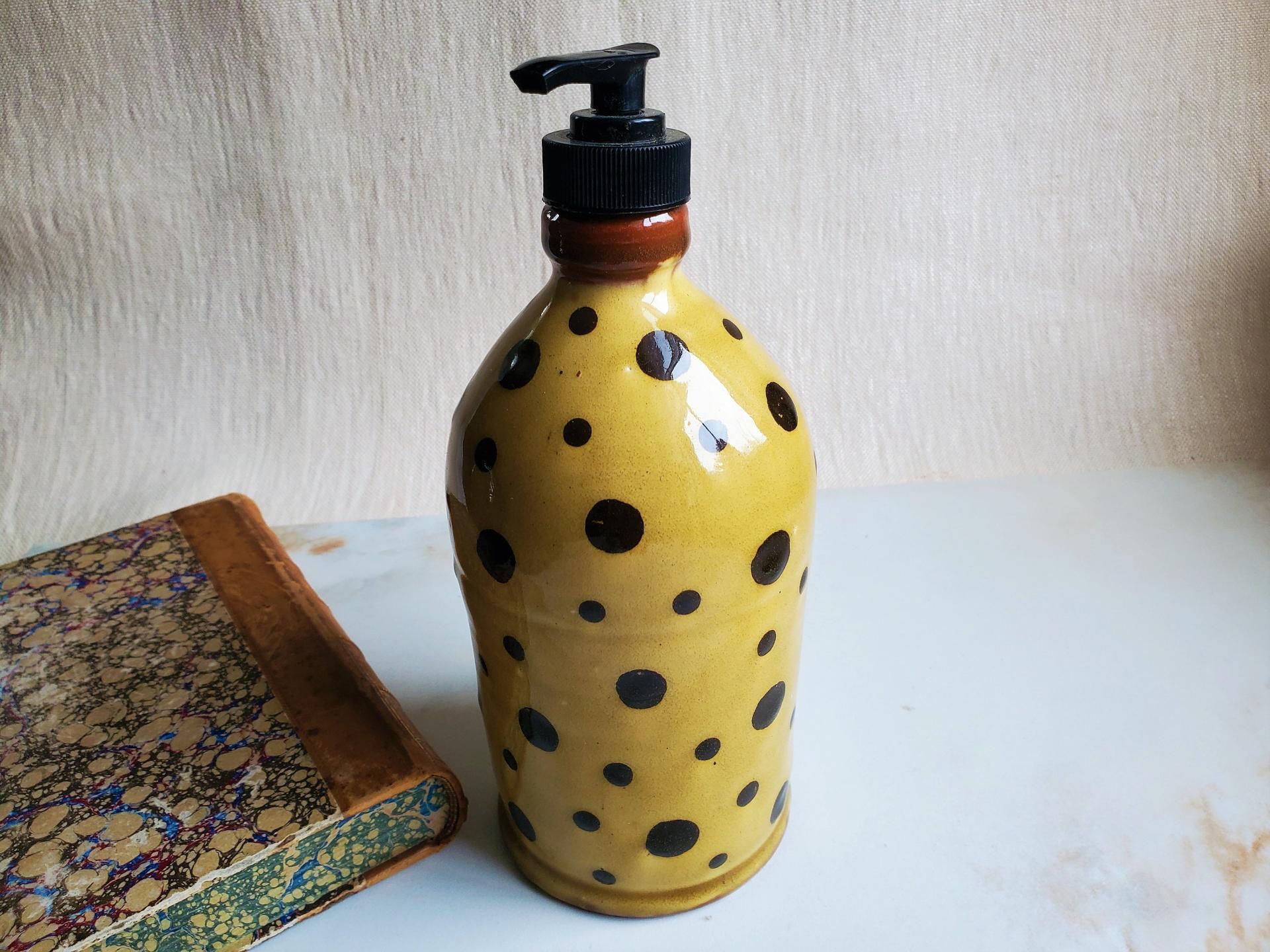 Redware Soap or Lotion Dispenser Bottle with Black Dots