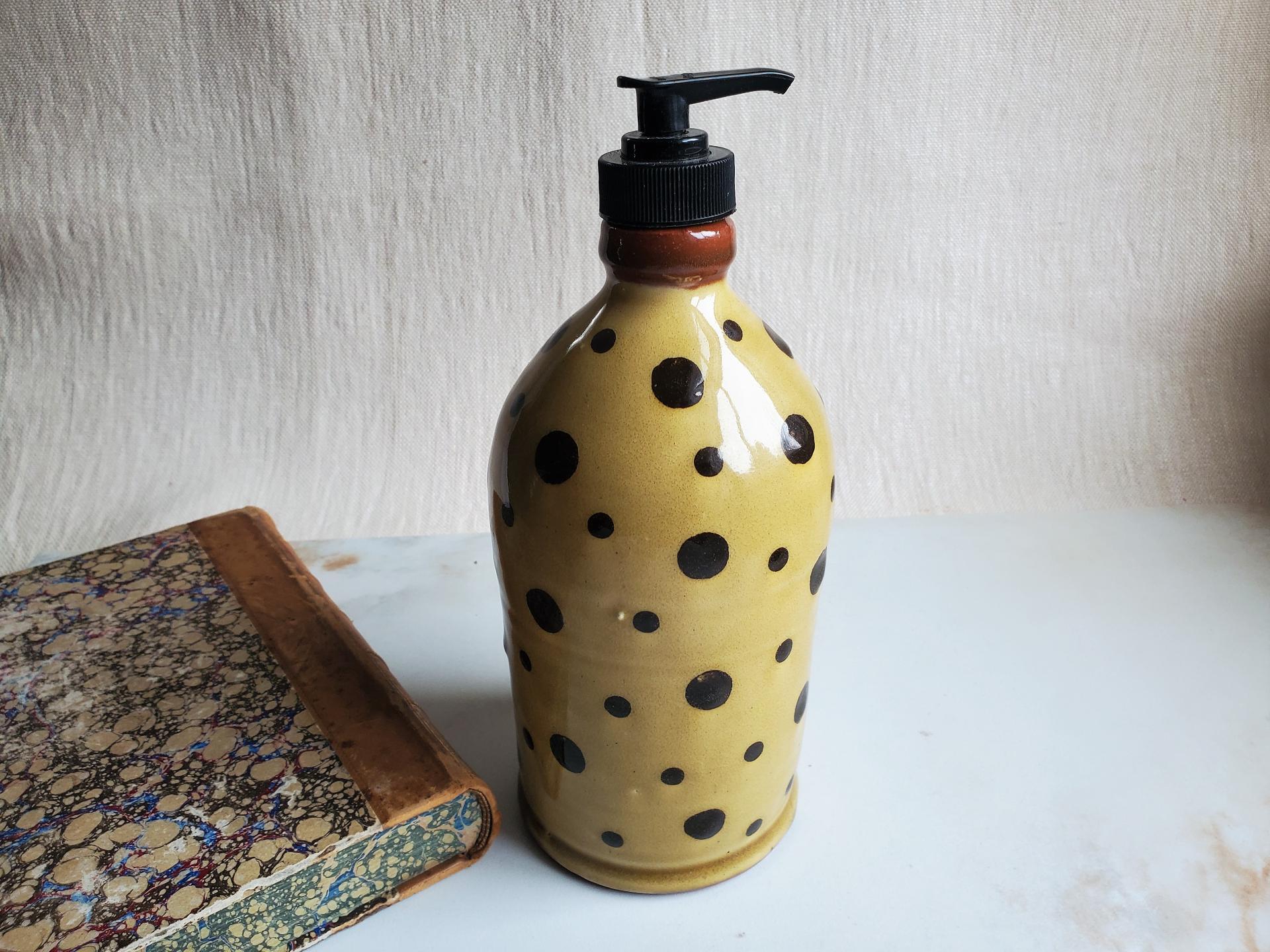 Redware Soap or Lotion Dispenser Bottle with Black Dots