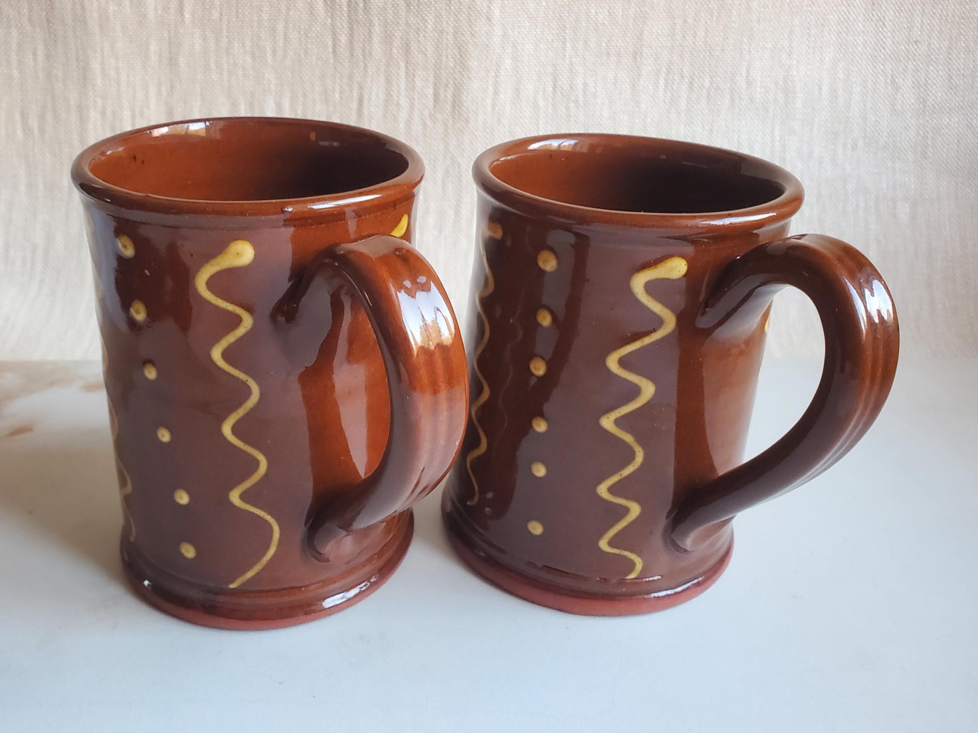 Redware 12 oz. Mugs (2) with "Squiggles and Dots" Slipware Pattern