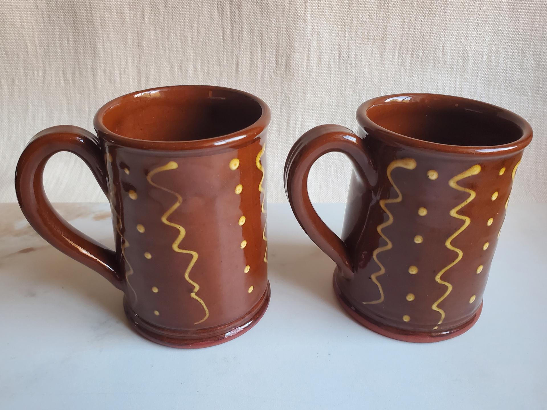 Redware 12 oz. Mugs (2) with "Squiggles and Dots" Slipware Pattern