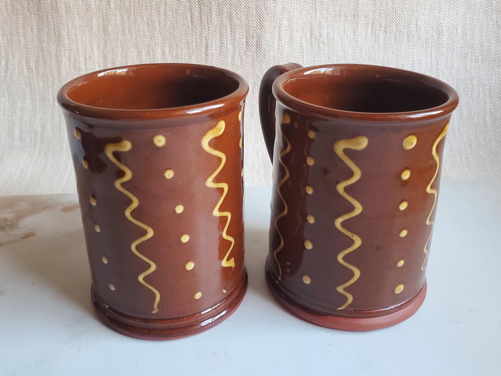 Redware 12 oz. Mugs (2) with "Squiggles and Dots" Slipware Pattern