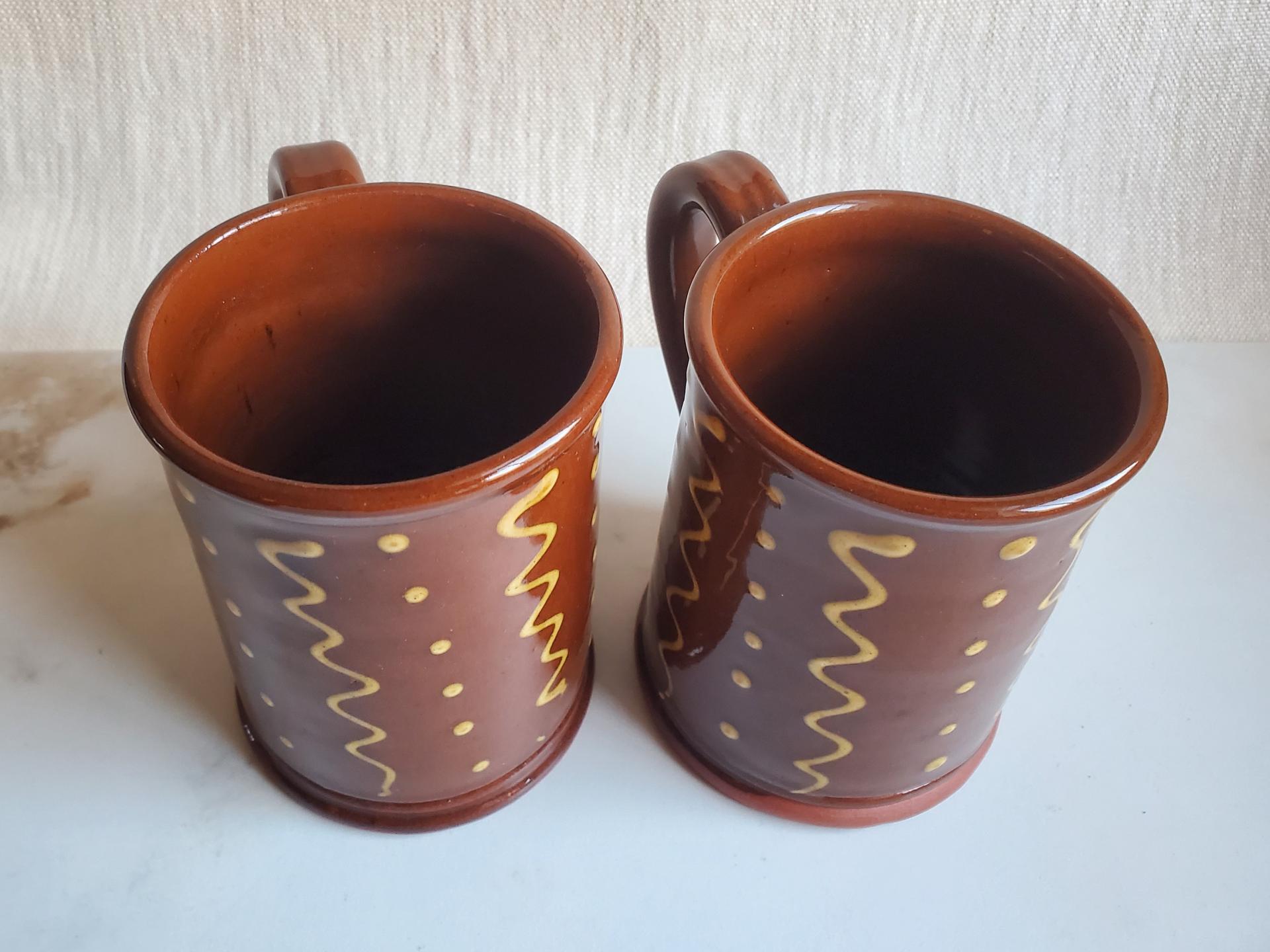 Redware 12 oz. Mugs (2) with "Squiggles and Dots" Slipware Pattern