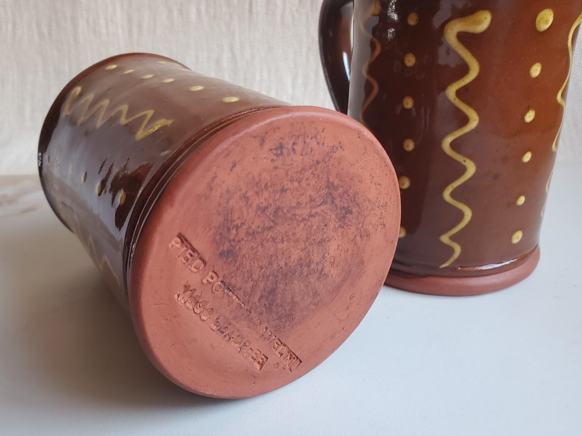 Redware 12 oz. Mugs (2) with "Squiggles and Dots" Slipware Pattern