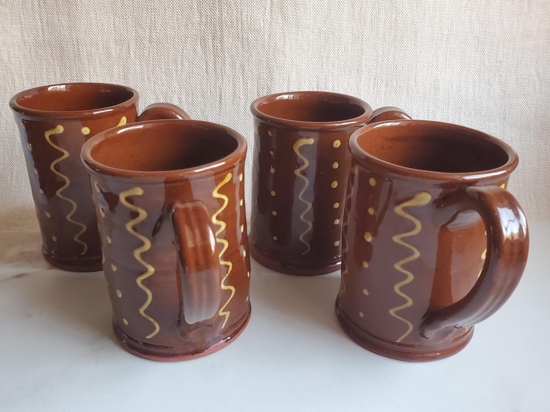 Redware 12 oz. Mugs (4) with "Squiggles and Dots" Slipware Pattern