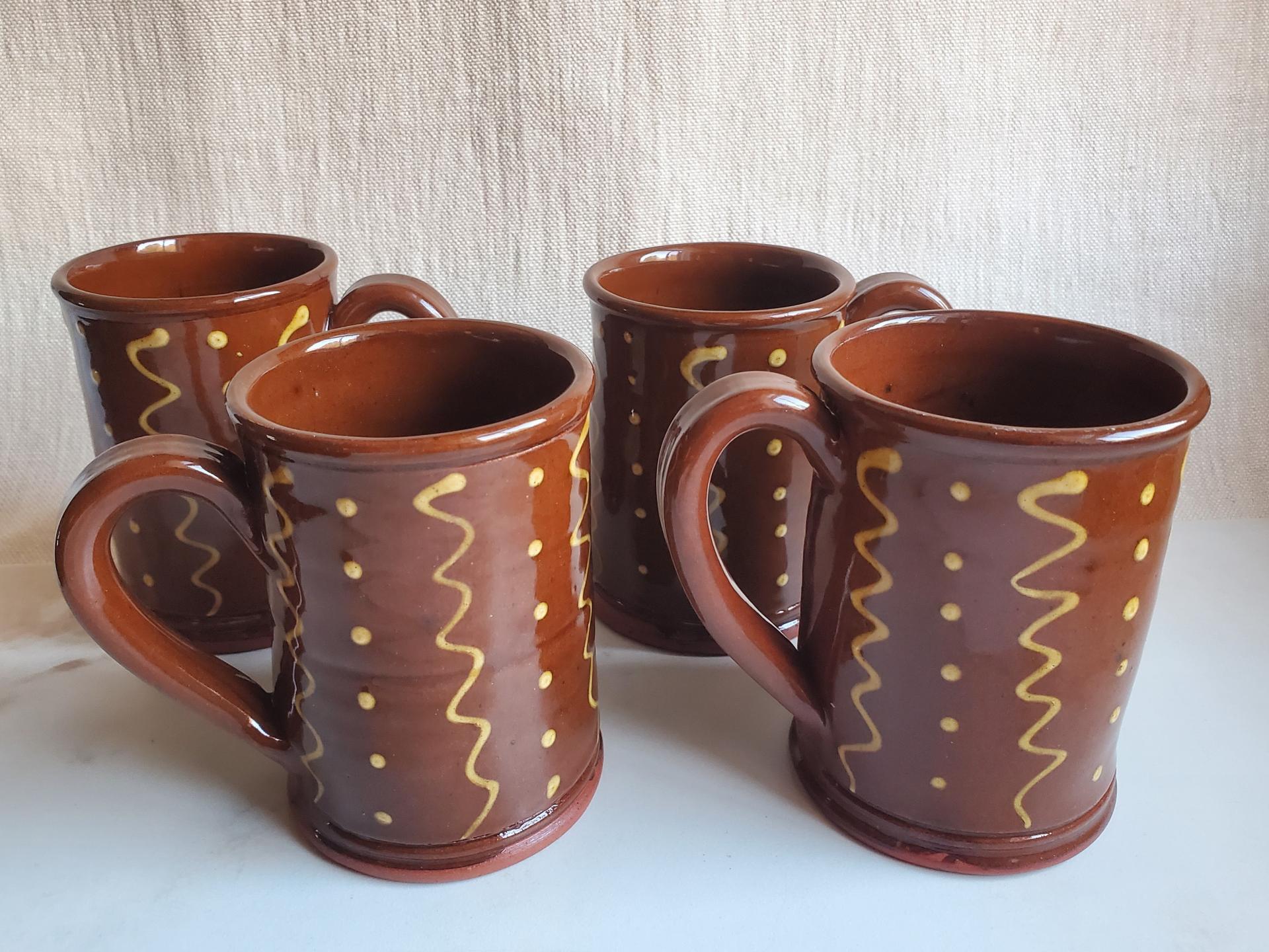 Redware 12 oz. Mugs (4) with "Squiggles and Dots" Slipware Pattern