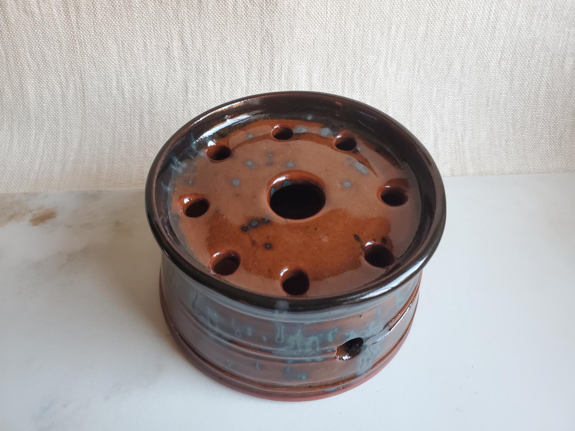 Large Redware Soap Dish with Black Spangles and Black Glaze Accents
